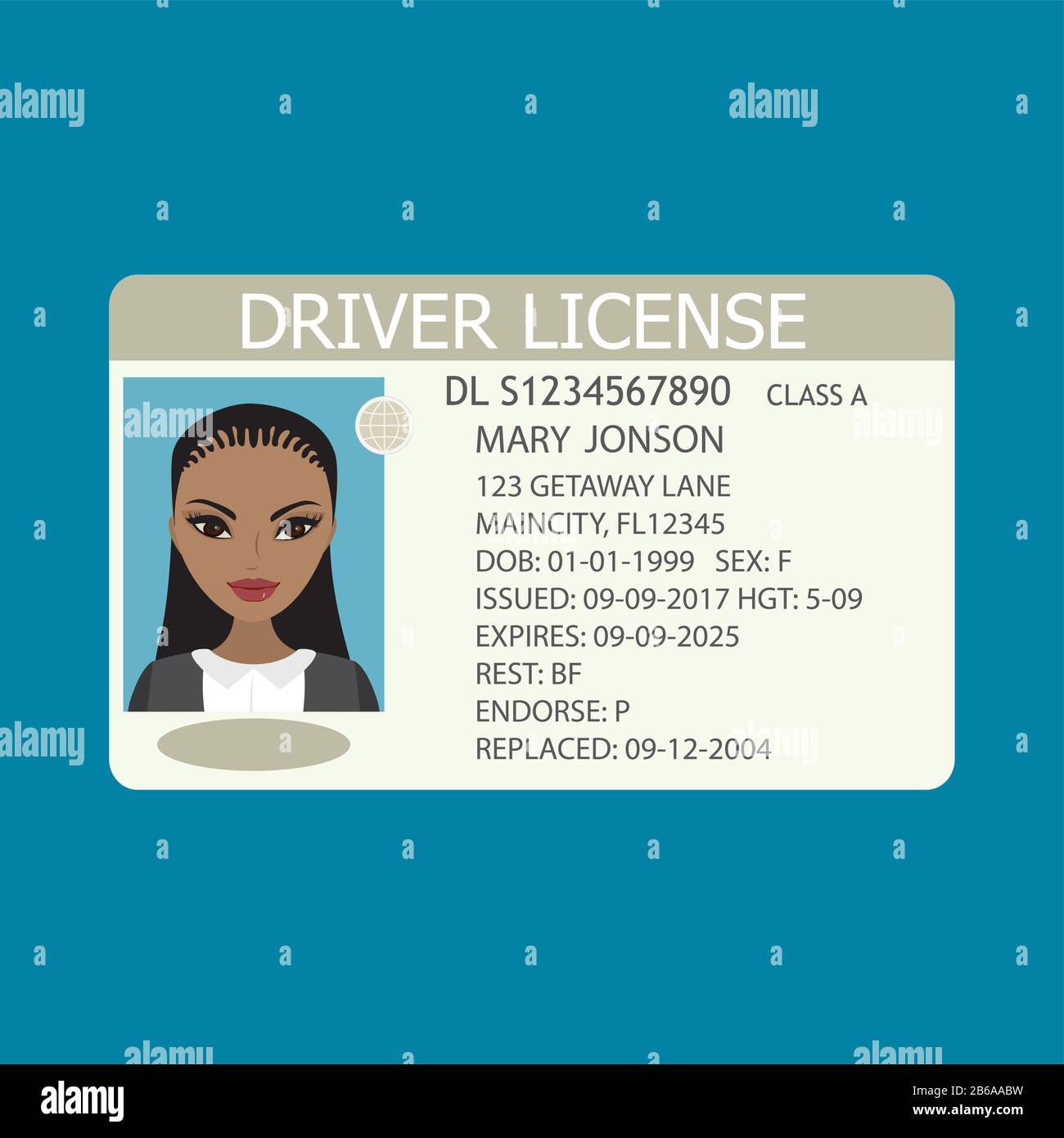 Driver license with african american female photo,flat template,cartoon