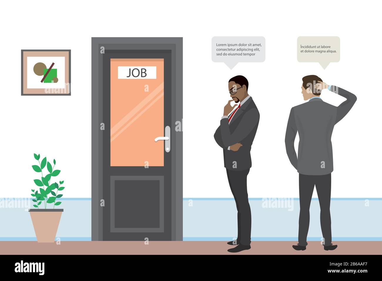 Cartoon businessmen or office workers are searching for job, interview of two candidates,door in office room,flat vector illustration Stock Vector