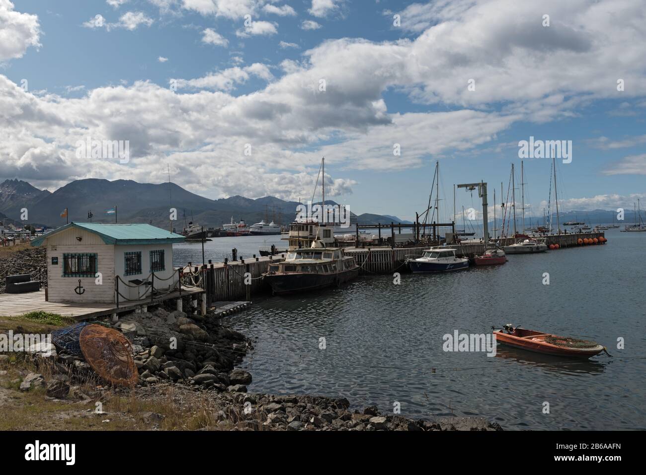 view of the ships and boats in Ushuaia Harbor, Argentina Stock Photo