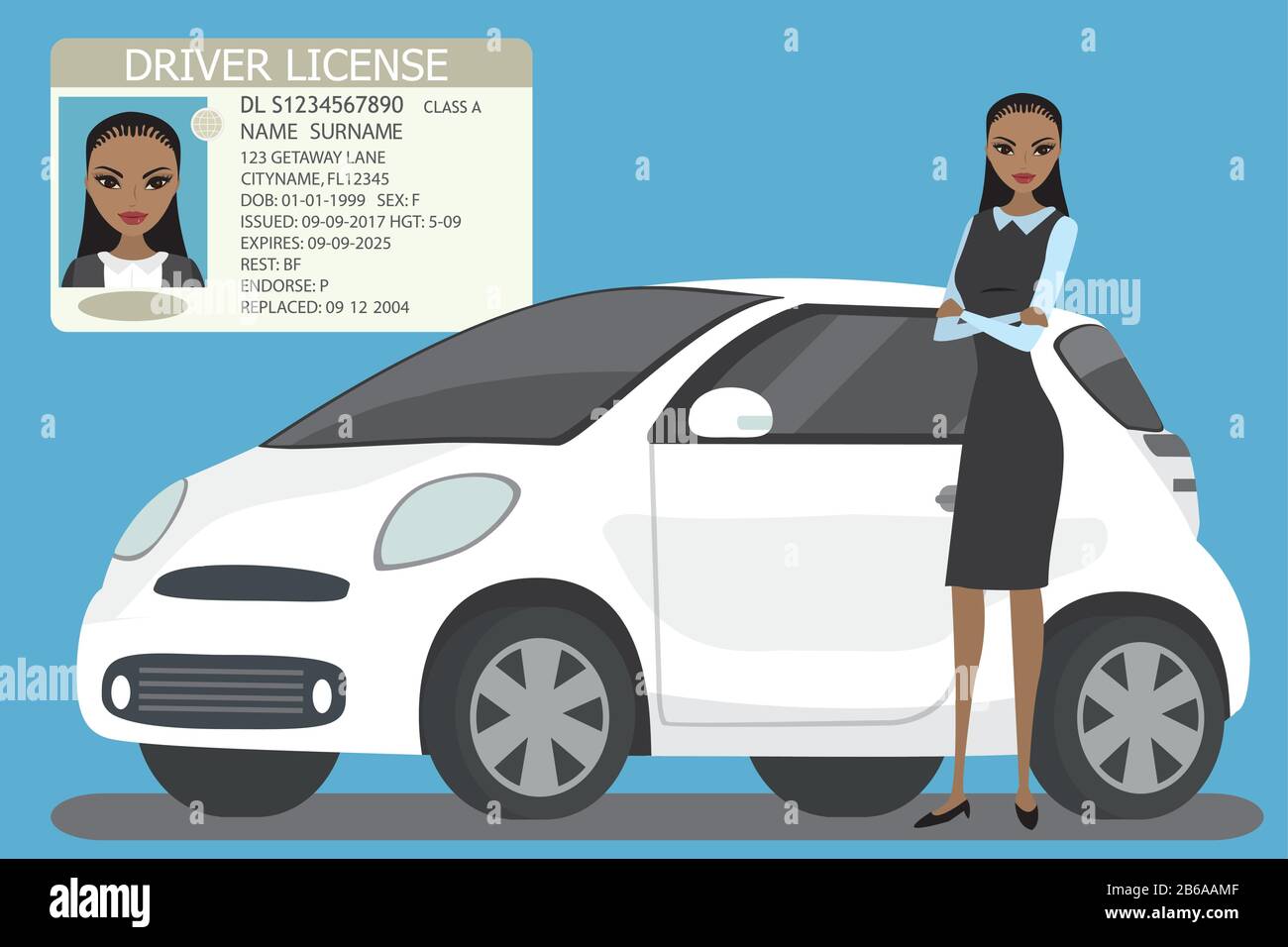 Beauty african american female near white car and Driver license with photo,flat template,cartoon vector illustration Stock Vector