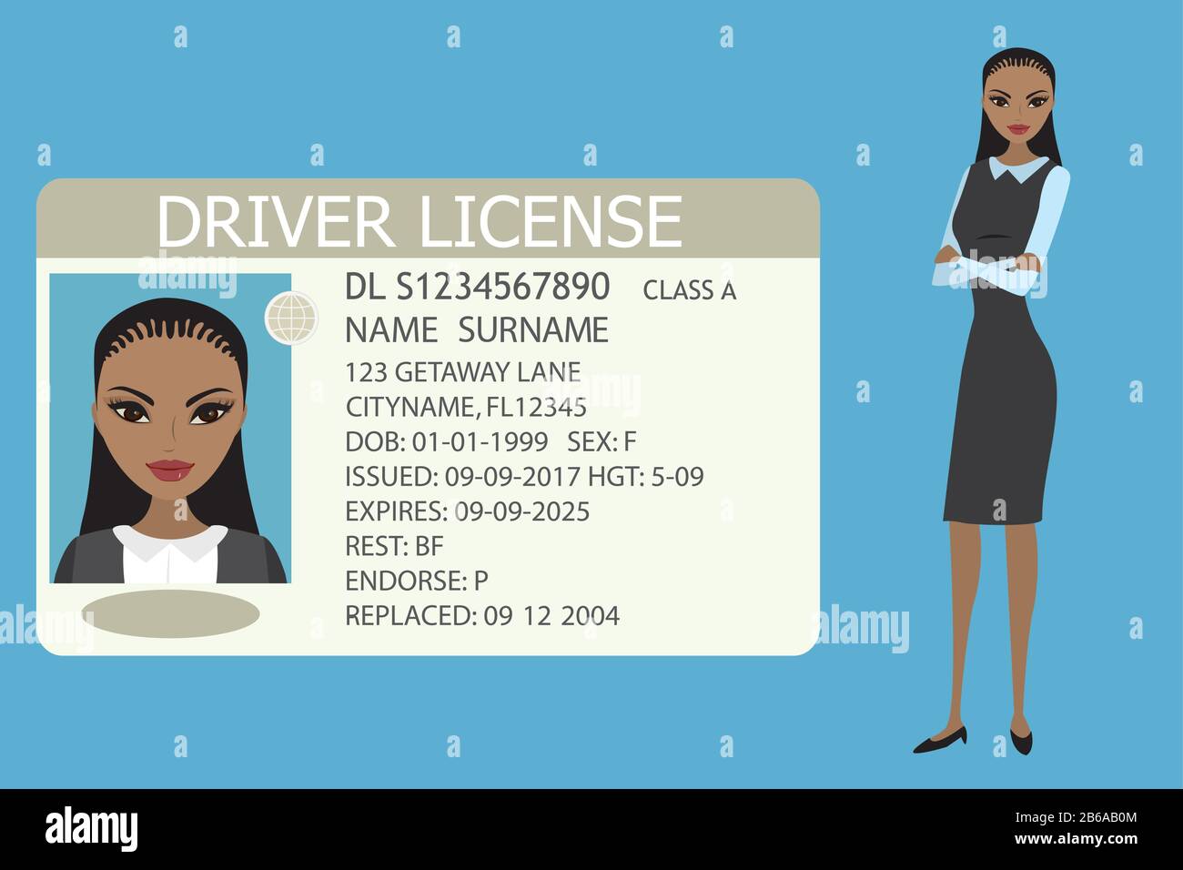 Beauty african american female and Driver license with photo,flat template,cartoon vector illustration Stock Vector