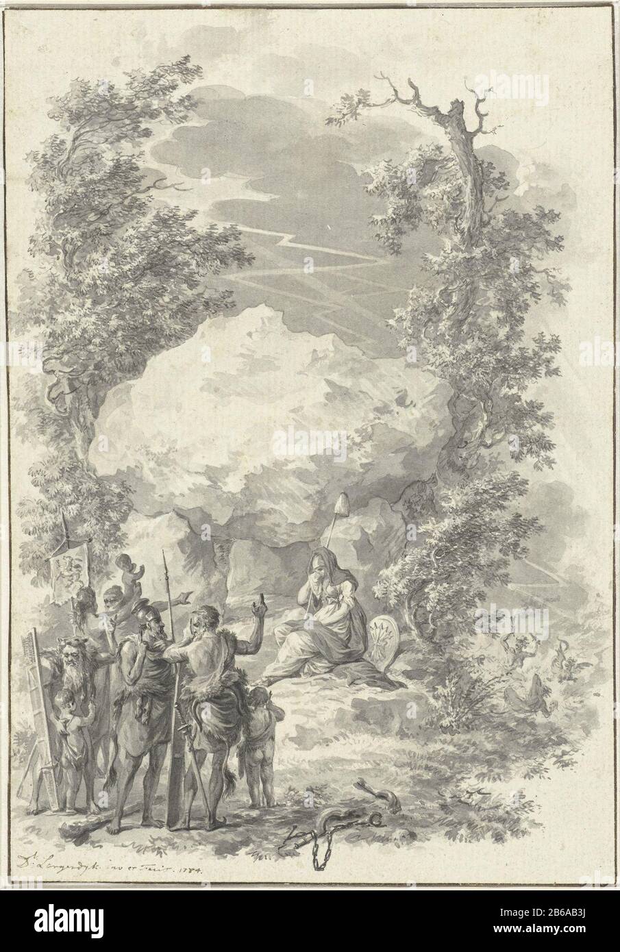 Allegory of the death of Joan Derk van der Capellen tot den Pol, 1784 Allegory on the death of Joan Derk van der Capellen to den Pol, June 6, 1784. a group Batavians points to a verse on the deceased at the capstone of a dolmen. Among the rock sits the grie Virgin Dutch. From the clouds lightning. Draft prent. Manufacturer : artist: Dirk Langendijk (personally signed) Place manufacture: Northern Netherlands Date: 1784 Physical features: pen and brush in gray material: paper ink technology: pen / brush dimensions: H 204 mm × W 141 mm Subject: extinct, 'historical 'peoples (with NAME) megalithic Stock Photo