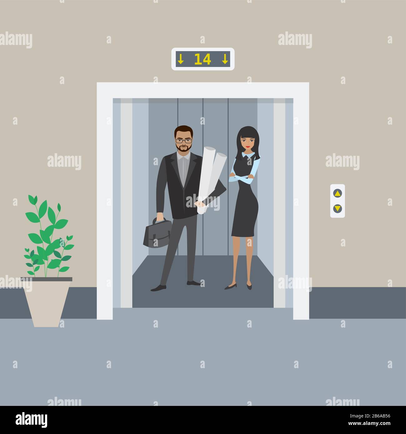 Cartoon business people in elevator or lift with open doors,flat vector