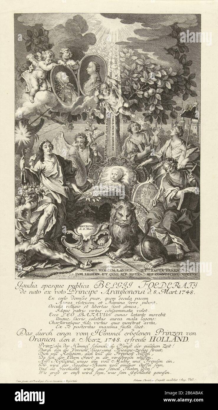 Allegoric op de geboorte van Prins van Oranje, 1748 State Foed.ti pleasure in hopes of manual vote hats Arausionense d 8 March 1748 (Title op object) Allegory on the birth of the Prince of Orange on March 8, 1748 . the newborn prince lying in a Who: g surrounded by allegorical figures, at his feet the Dutch Lion. The clouds in the Orange Tree portrait medallions of Prince William IV and Anna of Hanover. With captions in Latin and Duits. Manufacturer : printmaker: Balthasar Sigmund Setletzkynaar design: Johann Esaias Nilson Publisher: Johann Christian Leopold (listed property) provider of privi Stock Photo