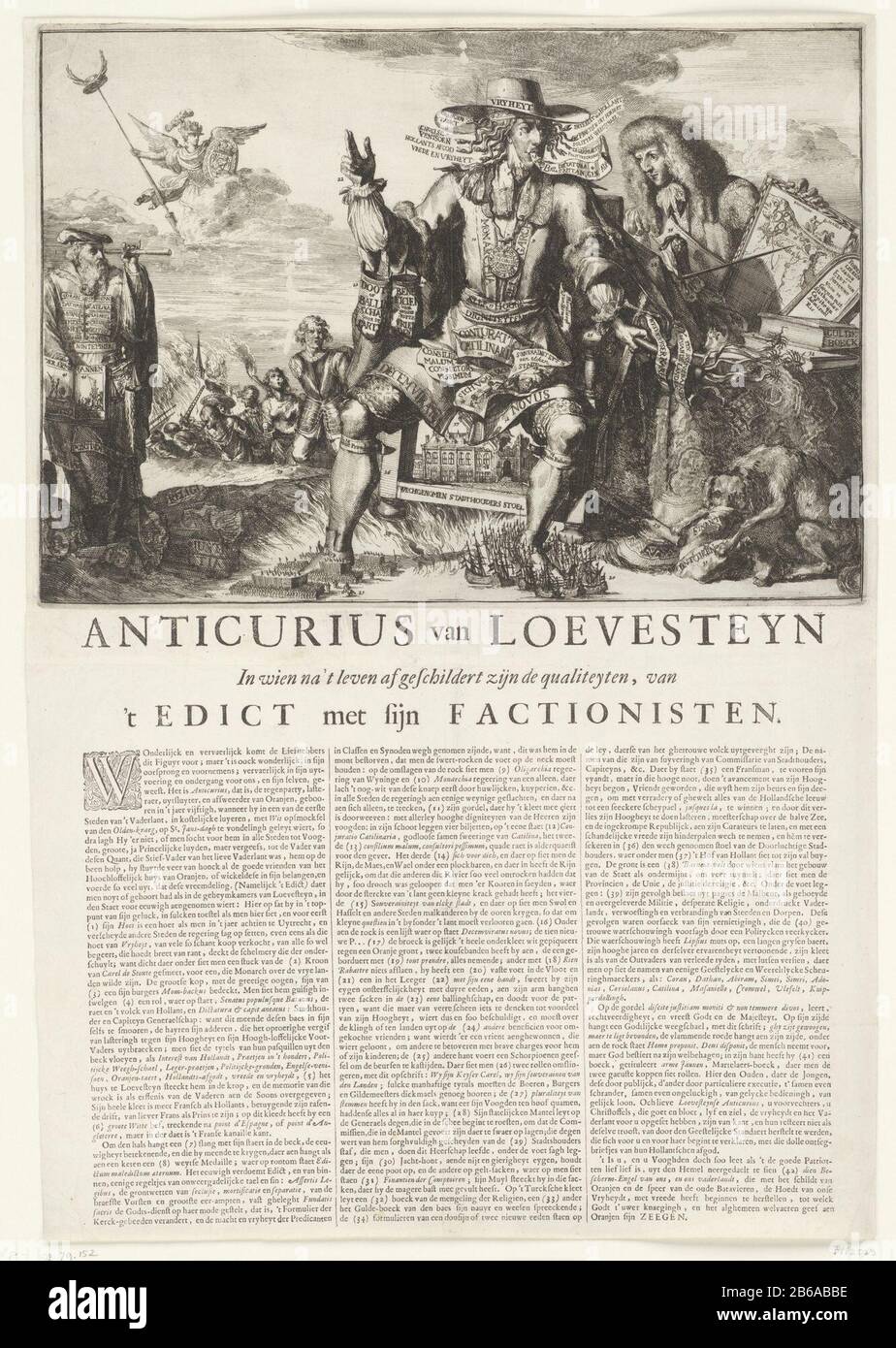 Allegory offered on erfstadhouderschap the Prince of Orange, 1674 Anticurius of Loevesteyn (title object) Anticurius of Loevesteyn. Allegory on the erfstadhouderschap offered to the Prince of Orange, 1674. The personification of the Loevesteinse faction sitting on the seat of the governor coated with patriotische leaflets of the party of the brothers De Witt. At his feet war at sea and on land. Behind the chair is the French King Louis XIV with a map of Holland. To the left is the personification of Where: Warning with binoculars in hand a book depicting the murder of the brothers de Witt. Und Stock Photo