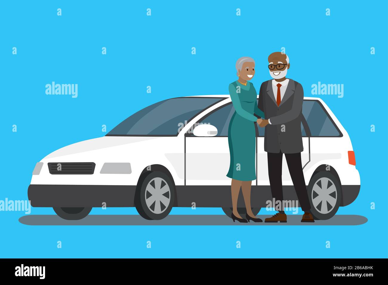 Cartoon african american elderly couple standing near the white car,flat vector illustration. Stock Vector