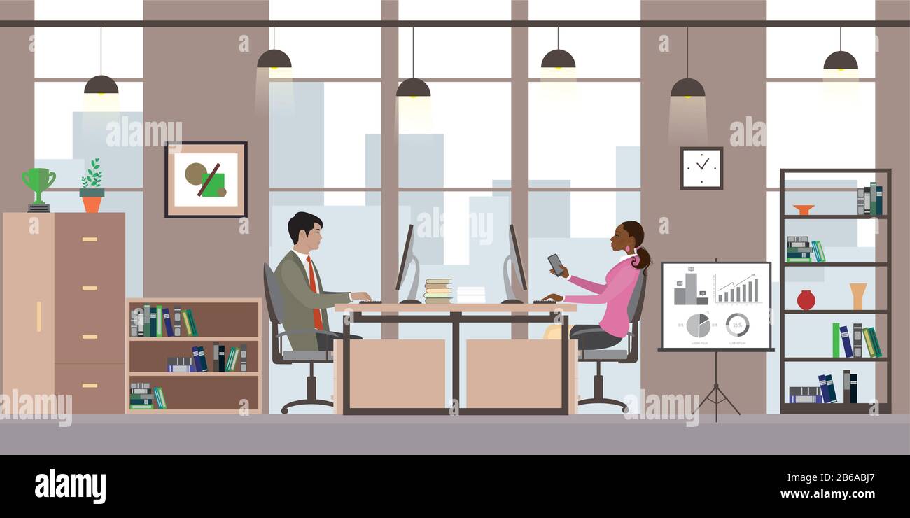 Asian businssman and african american business woman in modern office,Cartoon office manager in the workplace,flat vector illustration Stock Vector