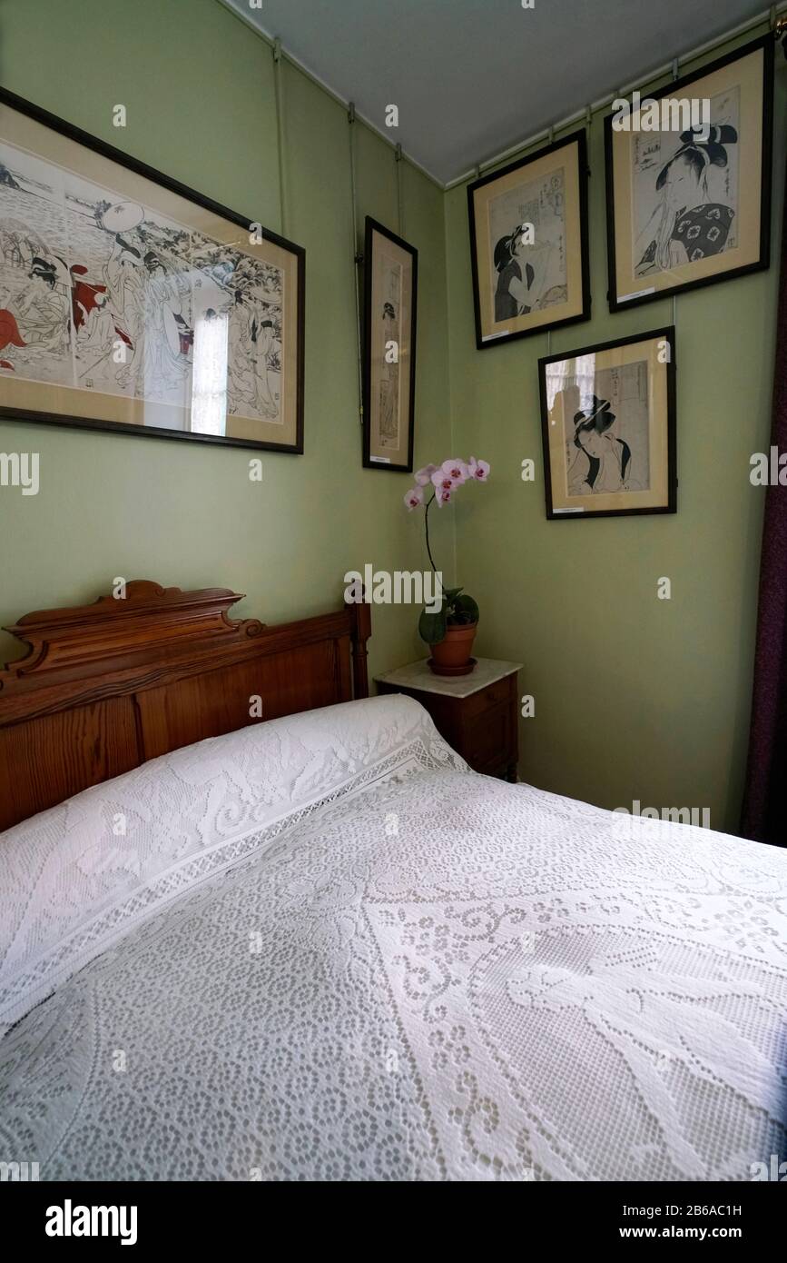 Japanese Ukiyo-e decorated the wall of bedroom in second floor of Claude Monet House.Claude Monet House and Garden.Giverny.Region of Normandy.France Stock Photo