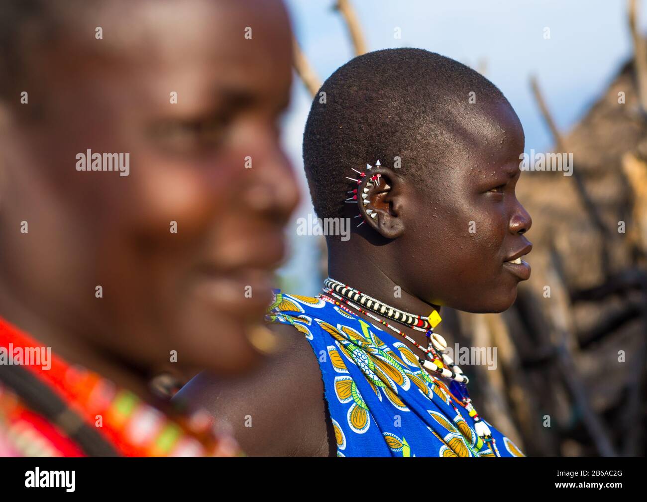 Toposa tribe women with earrings, Namorunyang State, Kapoeta, South Sudan Stock Photo