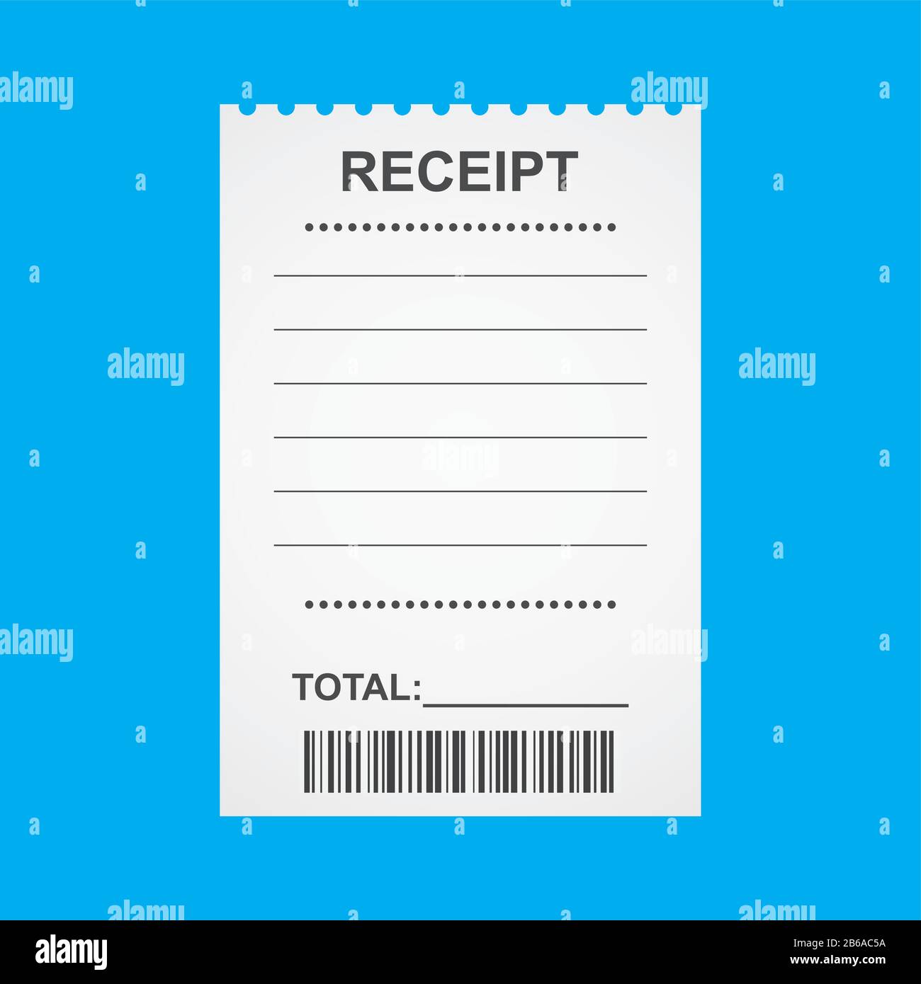 Blank receipt with barcode template,isolated on blue background,flat