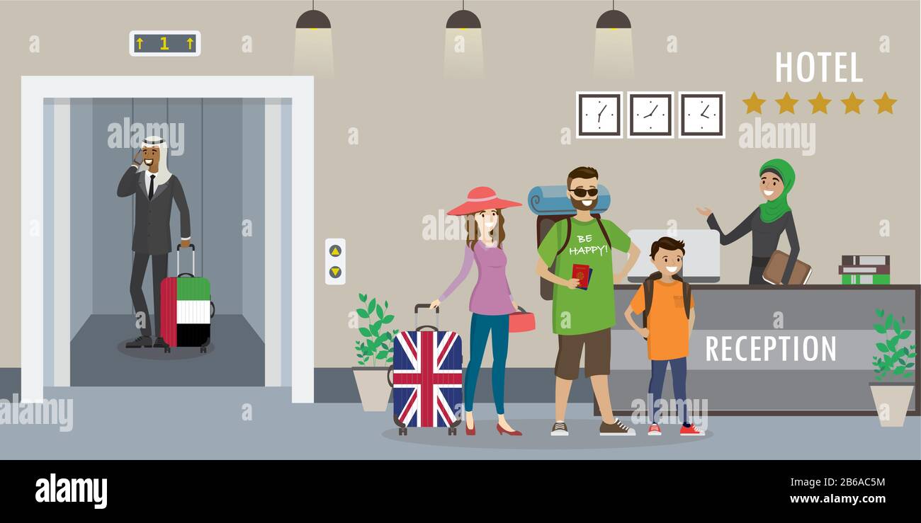 Hotel reception interior.Young arabic woman receptionist in hijab