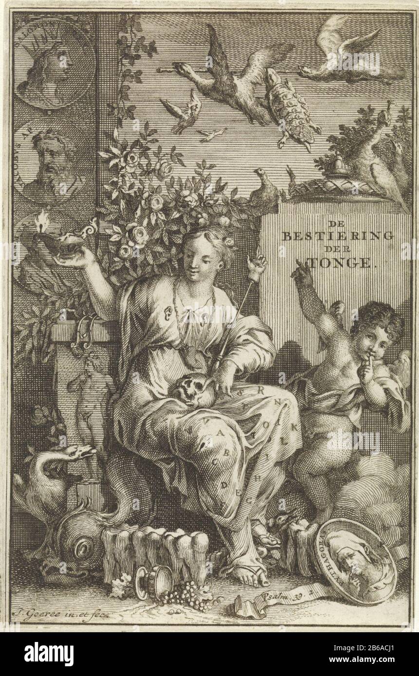 Allegory on the speech Title page for Richard All Tree, reasoning about the sleight of cunning the tongue, 1714 Bestiering of the tonge (title object) In the middle of the seated personification of speech, wearing a dress Where: on the alphabet and two ears. In her lap a skull. A putto standing next to her and put a finger to his lips, silencing the sign for. Behind him a stone with the title of the book. In the foreground, an oval medallion with the portrait of Pythagoras. In the sky flying birds. Two birds carry a long stick. A turtle has teeth into this stick. Left against the wall portrait Stock Photo
