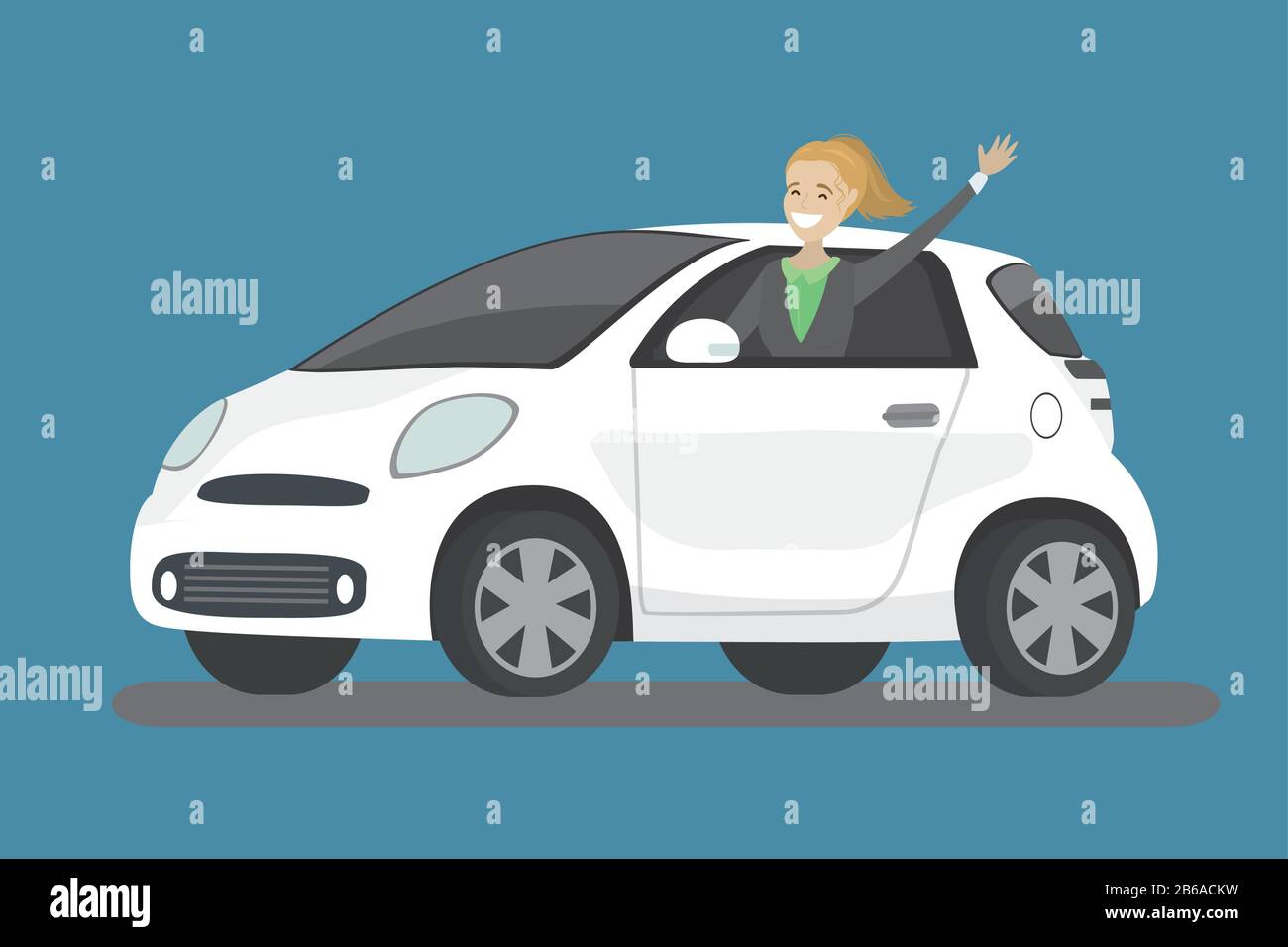 Happy cartoon caucasian woman rides in white car,flat vector illustration Stock Vector