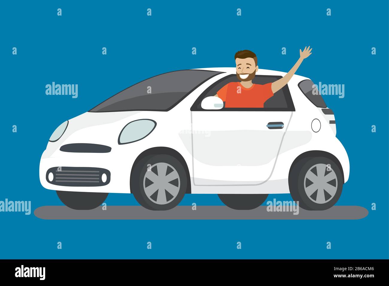 Happy cartoon caucasian man rides in white car,flat vector illustration