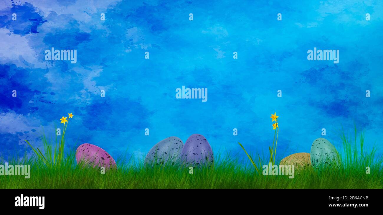 a colorful art easter background with easter eggs on grass Stock Photo