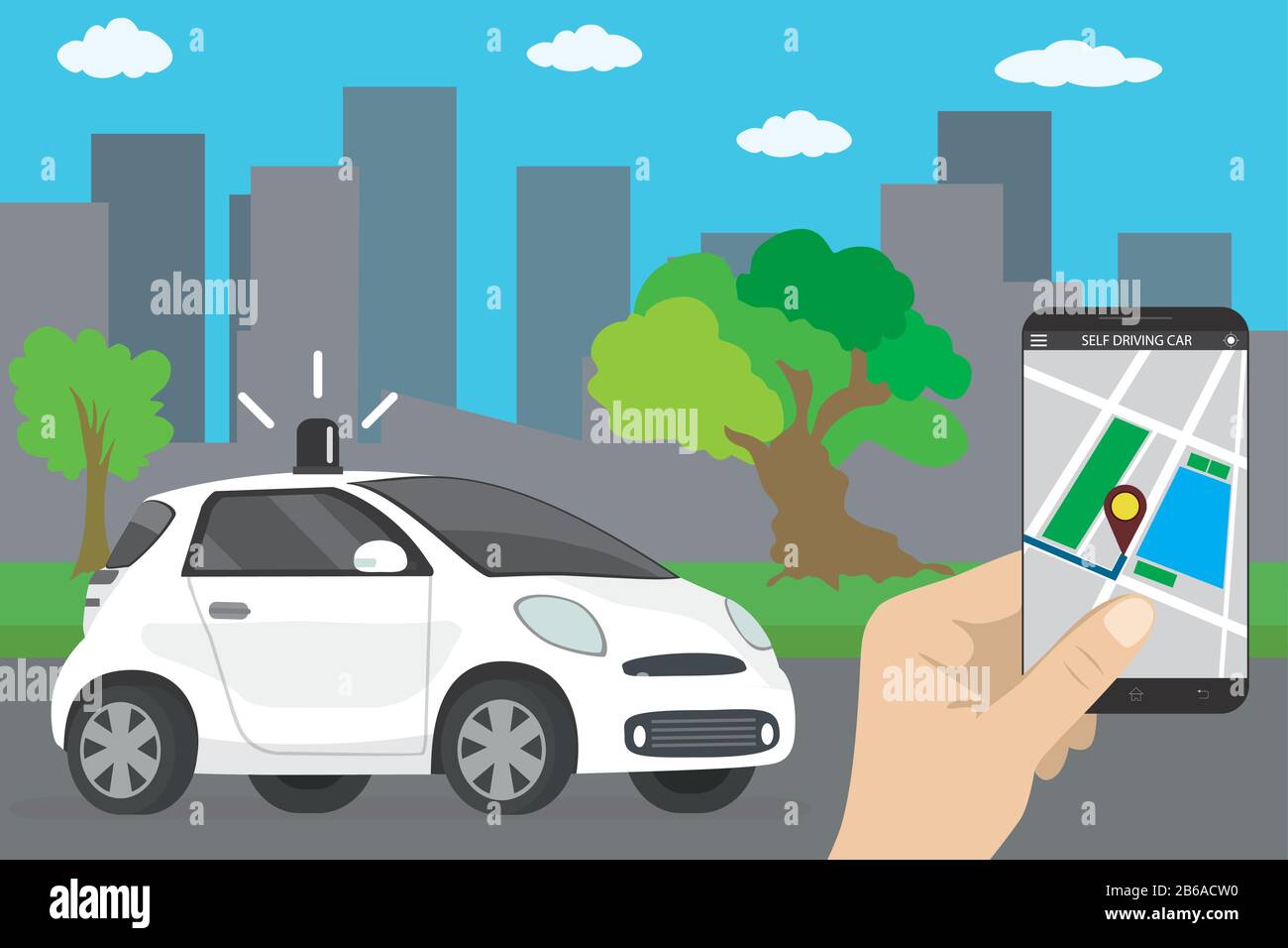 Self driving car,city landmark,cartoon future transport concept,smartphone in hand,flat vector illustration Stock Vector