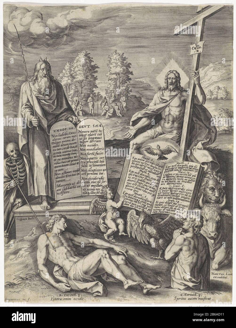 Allegory of the redemption of mankind Left Moses with the Tablets of Law. Right Christ at the cross. At his feet beaten an open Bible, surrounded by the symbols of the four evangelists. Above the Bible the dove of the Holy Spirit. Behind Moses is Death pricking the lifeless body of a moon with his lance. The same man is resurrected on the right and pray for the Bible. In the background the preaching of John the Doper. Manufacturer : printmaker: Jerome Who: rix (listed property) designed by: Crispin van den Broeck (listed building) Publisher: Hans van Luyck (listed property) Place manufacture: Stock Photo