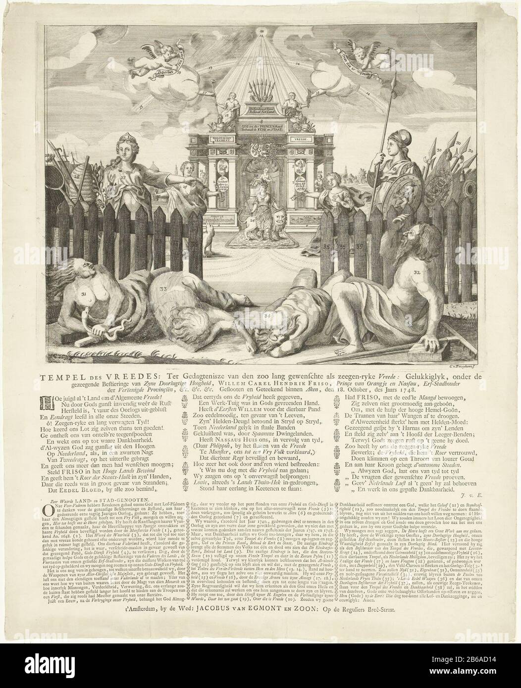 Allegory of the peace of Aachen Allegory on the Peace of Aachen which was closed on October 18, 1748 with glorification of William IV, prince of Orange-Nassau, who is with the Dutch lion for peace stamp. Under the picture is in letterpress explanatory text with reference to the numbers on the show. The text expresses gratitude for the preservation of religion and freedom, since the Peace of Westphalia (1648) several times jeopardized but the role of the prince and God preserved for vaderland. Manufacturer : printmaker: C. Beughem (listed object) writer: Monogrammist JVE (writer) (listed buildi Stock Photo
