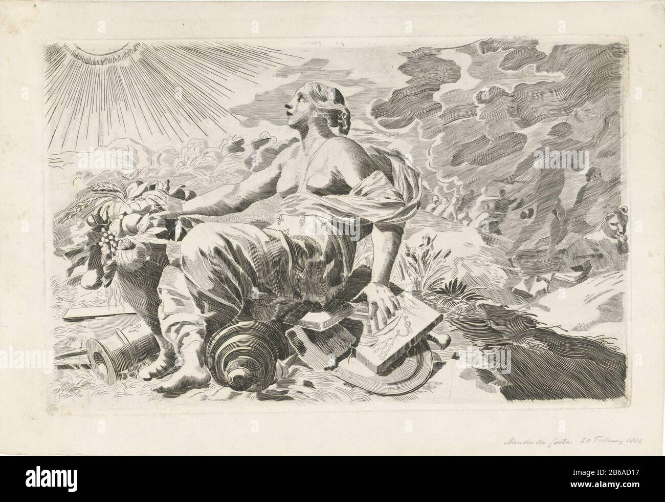 Allegory on the prosperity of a cardinal A woman, the personification of prosperity, is wrapped in a cloth with French lilies sitting on a gun and looking at the sun. Her hand leaning on a stone with an unknown weapon cardinal. In the background the remains of a carved lion and fleeing people between thick rookwolken. Manufacturer : printmaker Samuel Henri Mendes da Costa Place manufacture: Amsterdam Date: 1866 Physical features: etching material: paper Technique: etching Dimensions: plate edge: H 253 mm × W 396 mm Subject: insignia or cardinal, eg hat, mantleWelfare, Prosperity; 'Felicità pub Stock Photo
