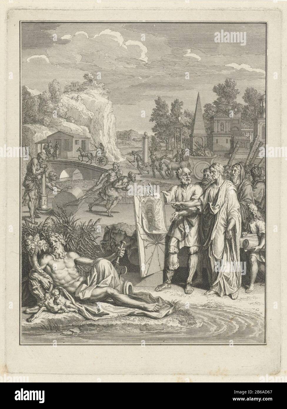 Allegory on the way to Rome Landscape with in the foreground a Roman engineer showing a road map to a magistrate. Links to the fore the Tiber, with Romulus, Remus and the wolf resting by the side of the river. In the background men leveling a road. With an empty marge. Manufacturer : printmaker: Bernard Picartnaar own design: Bernard PicartPlaats manufacture: Amsterdam Date: 1728 Physical features: etching and engra; test pressure measurements: plate edge: H 220 mm × W 159 mmToelichtingTweede of this print condition used as a title page for: Bergier, Nicolas. Histoire des grands chemins de l'e Stock Photo