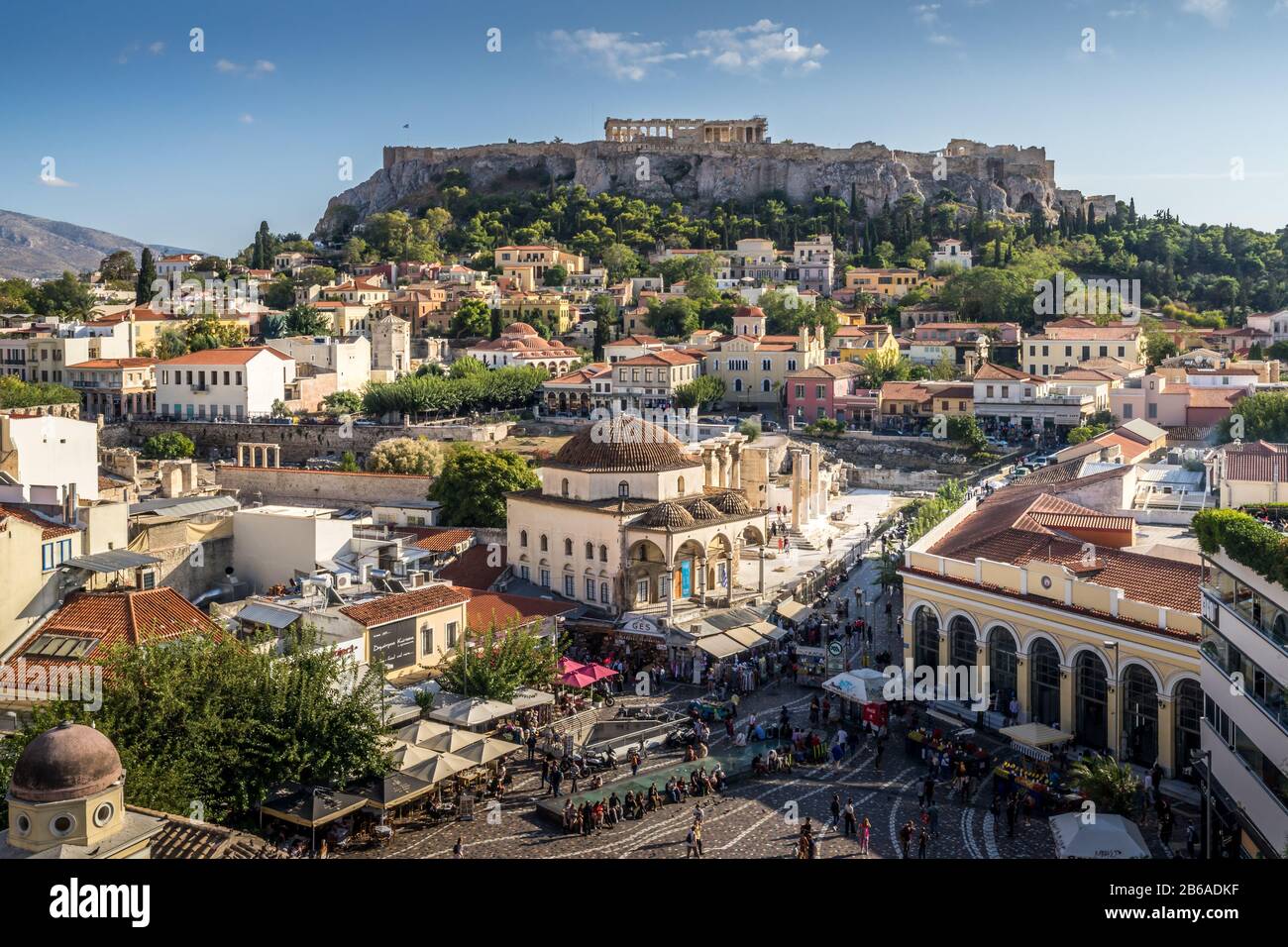 Athens, Greece - Oct 9, 2019 - The popular Monastiraki Square and ancient Acropolis are the must go places for tourists in Athens Stock Photo
