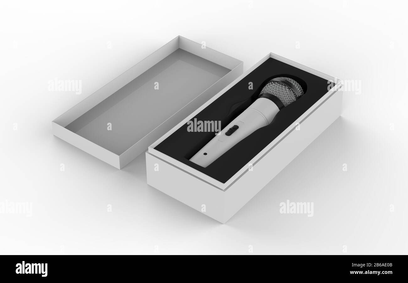 3d Microphone inside the box isolated on a white background. 3d illustration Stock Photo