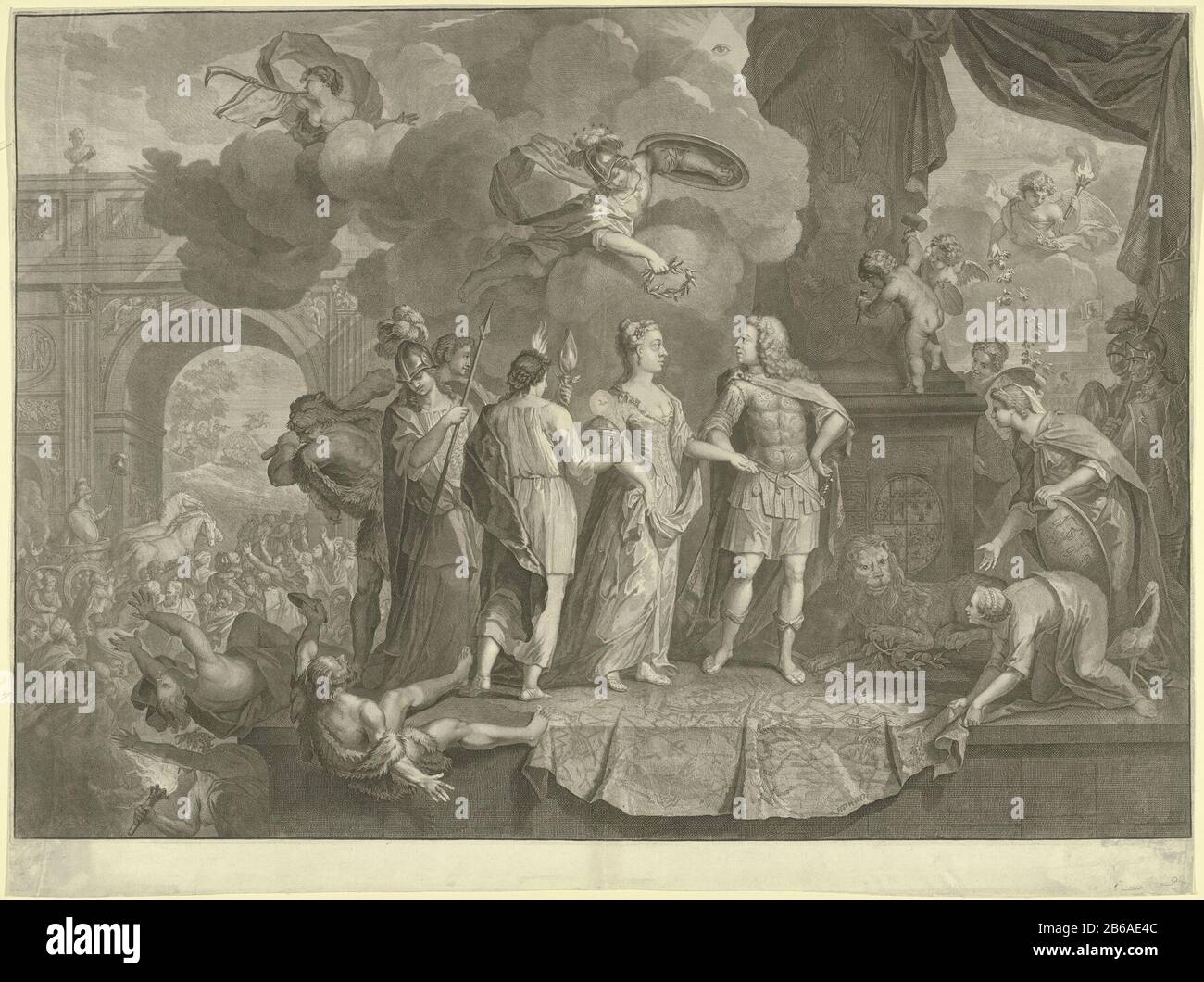 Allegory of the wedding of Prince William IV and Anna of Hanover, 1734 Allegory of the wedding of Prince William IV and Anna Hanover and inhaling in Leeuwarden on May 11 1734. Central to the prince and princess of Orange with the personifications of Wisdom, Prudence and Religion, Hercules strikes Cheats, Slander and Envy in the abyss. Right Vigilance spreads a rug Where: are depicted on the military victories of the prince, taking the Dutch Lion and the Virgin province of Friesland. Left an entry through a triumphal gate of the Dutch Virgin (or Freedom), in the background the Parnassus with Ap Stock Photo