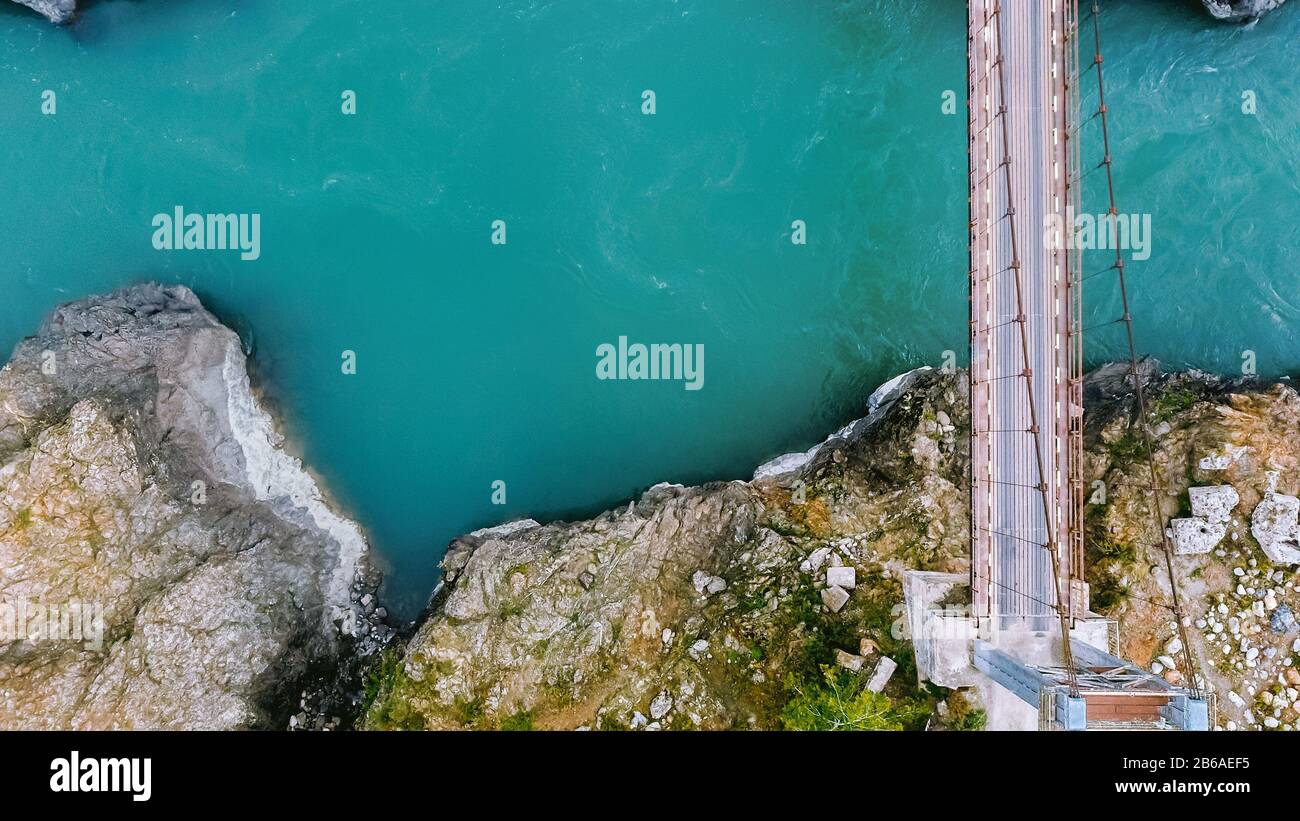 Mountain turquoise river, rocky banks aerial view. Drone shooting. Katun River, Altai. Stock Photo