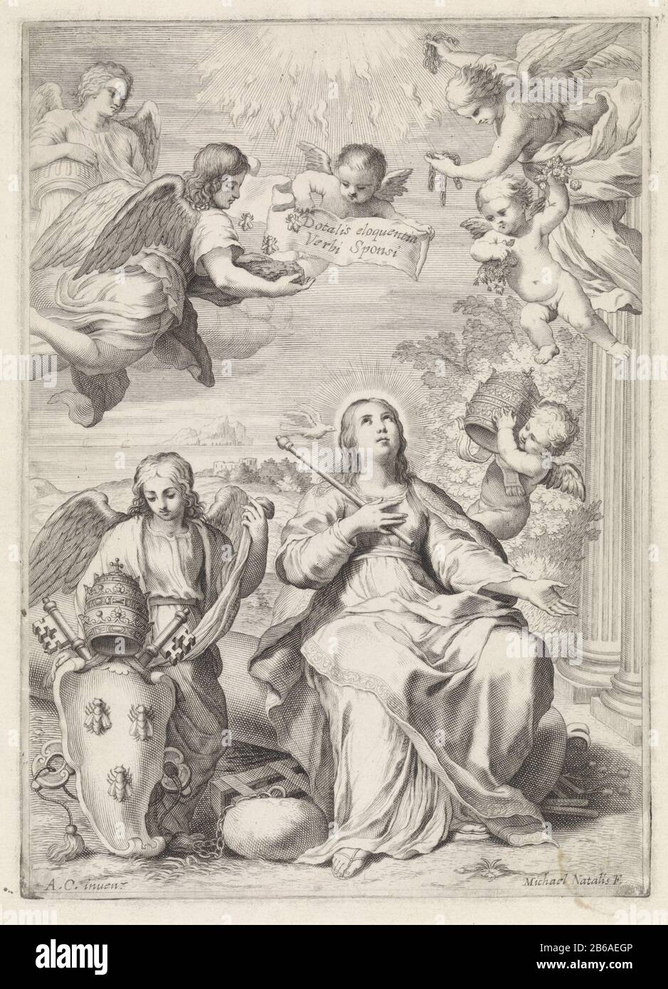 Allegoric op net pausschap Van Sophisticated 8 Dotalis eloquent word bride (titel op object) An angel supports the papal coat of arms of Pope Urban VIII. In addition, a woman with scepter, the personification of the Church, sitting on a fallen pillar, a stone with a chain beside her right foot out. A putto will fly to the Church crowned with the papal tiara. Moreover angels fly, where: one with an inverted vase, one with a boulder and three bees and one with broken chains in their hands. A putto carrying a scroll with the words Dotalis loquaciousness verbi sponsi. Another putto holding roses s Stock Photo
