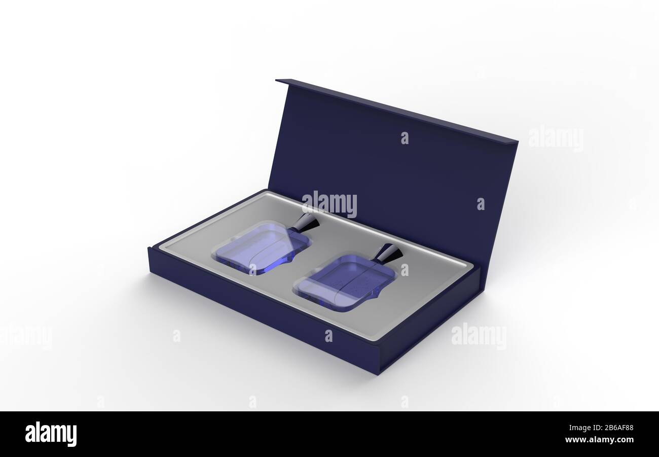 Download Two Glass Perfume Bottle Mockup With Open And Closed Package Box On White Background 3d Illustration Stock Photo Alamy