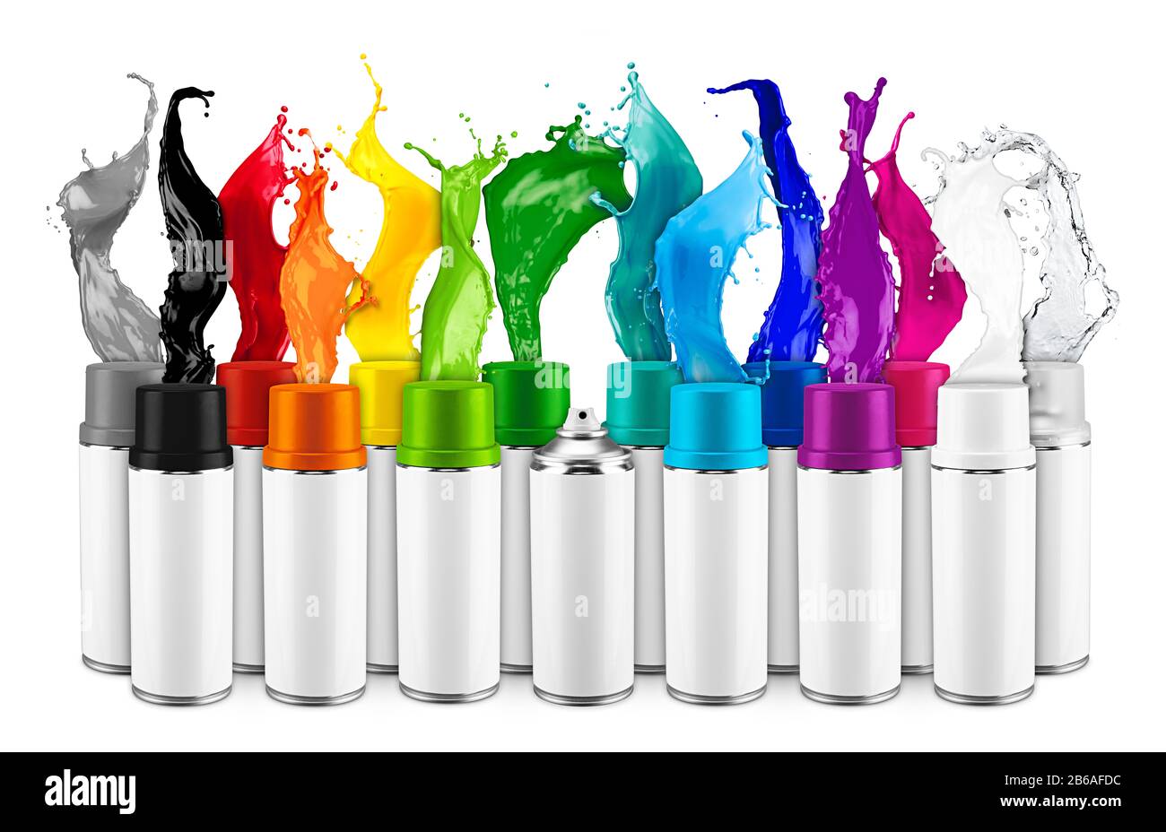 row of many various spray can spraying colorful rainbow paint liquid color splash explosion isolated on white background. Industry diy paintjob graffi Stock Photo