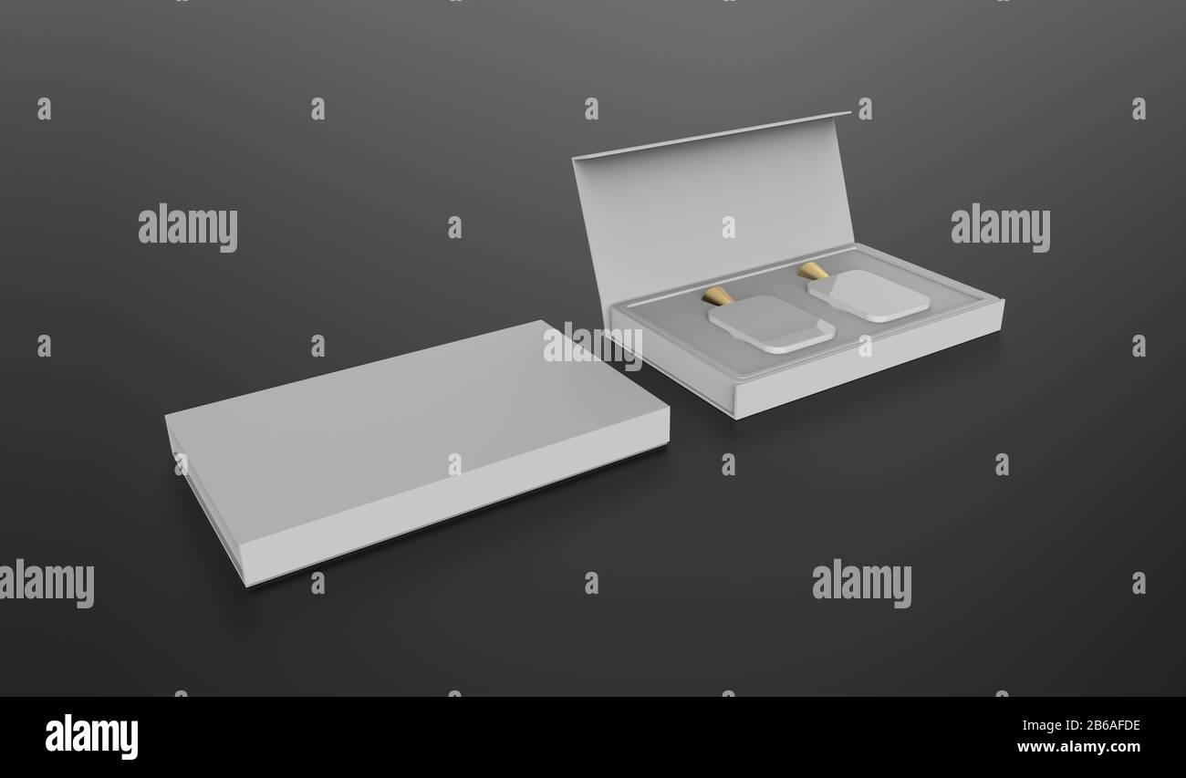 Download Two Glass Perfume Bottle Mockup With Open And Closed Package Box On Black Background 3d Illustration Stock Photo Alamy