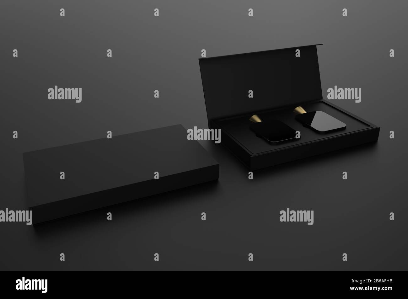 Download Two Glass Perfume Bottle Mockup With Open And Closed Package Box On Black Background 3d Illustration Stock Photo Alamy