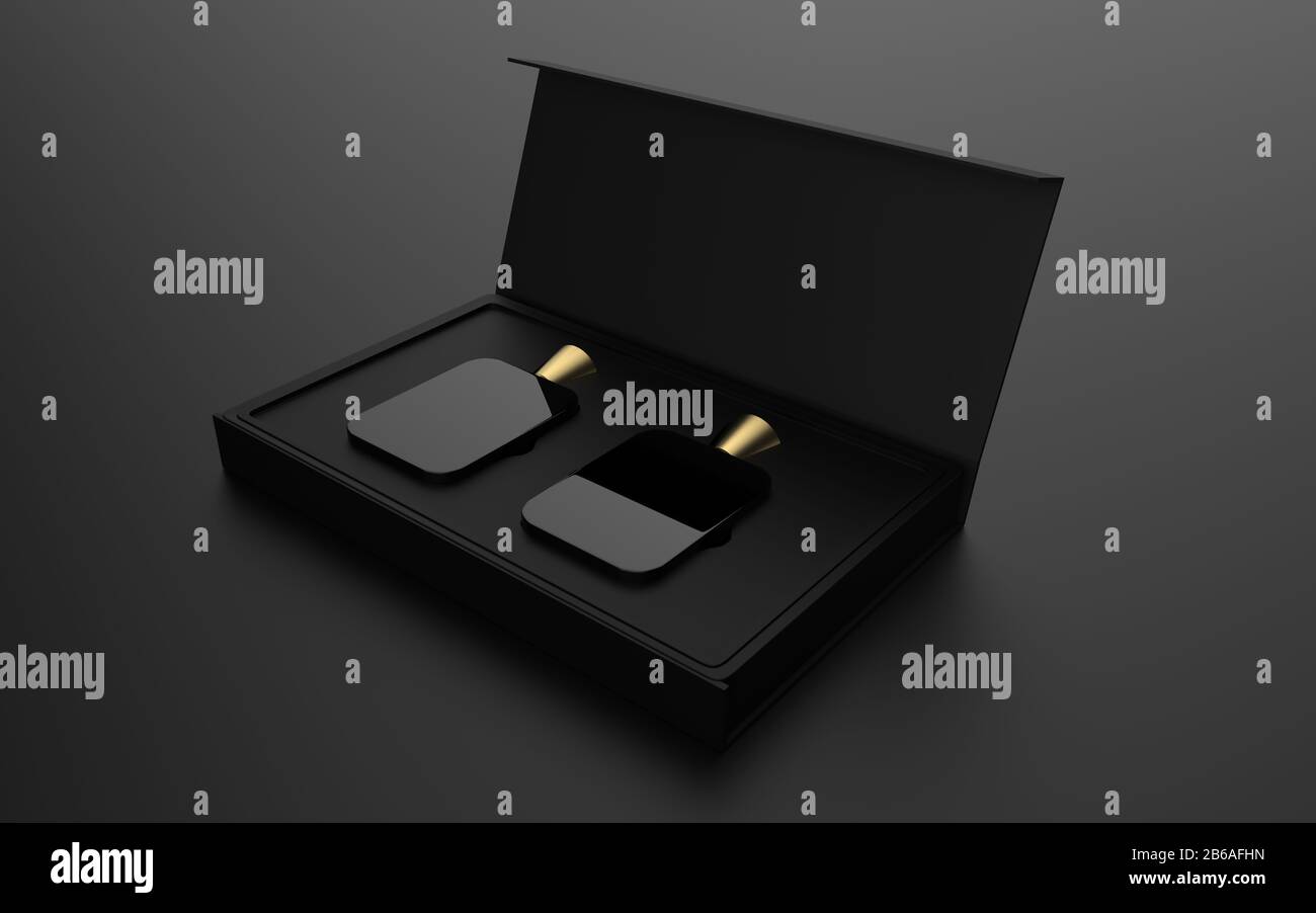 Download Two Glass Perfume Bottle Mockup With Open And Closed Package Box On Black Background 3d Illustration Stock Photo Alamy