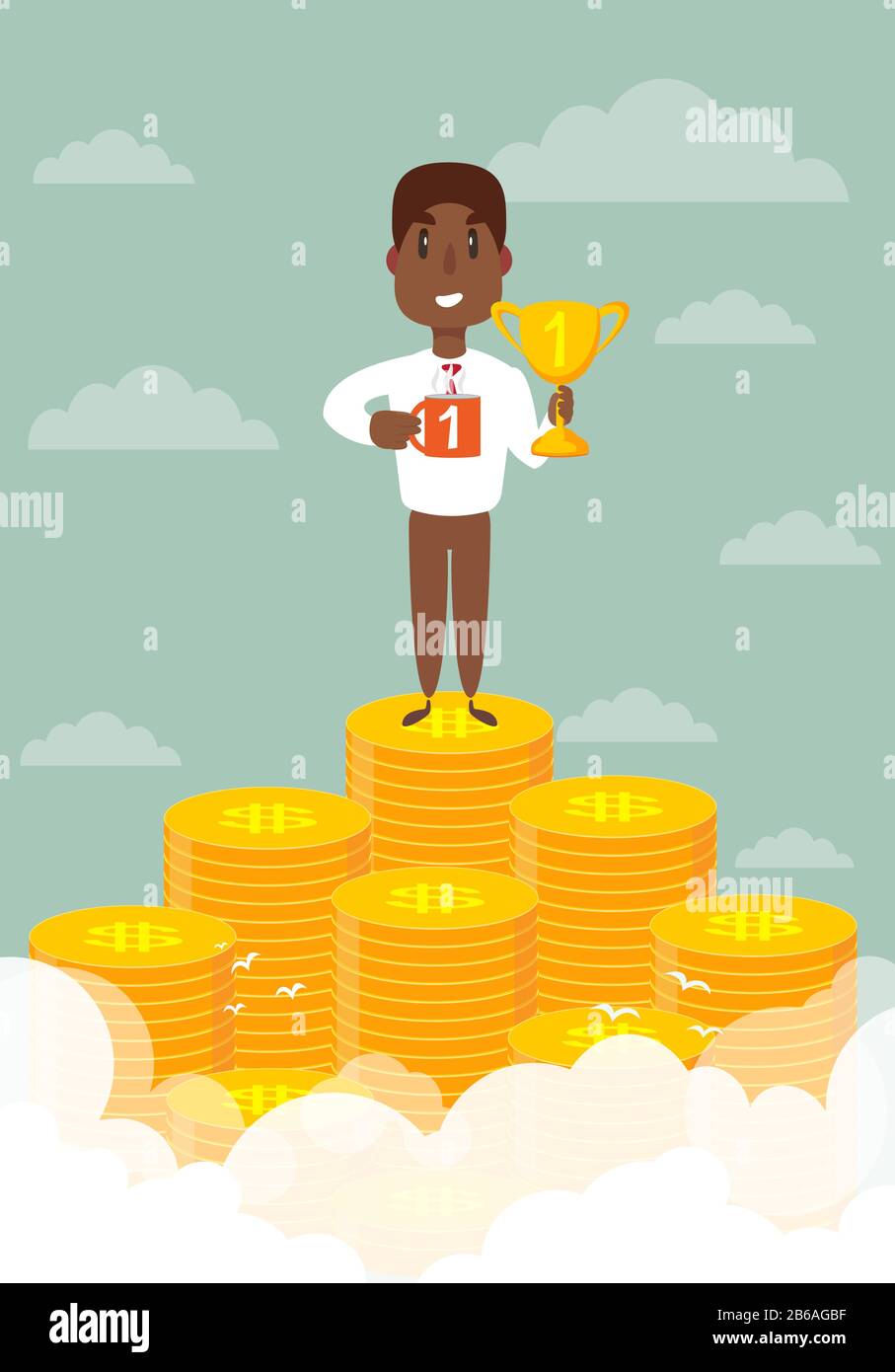 Businessman stands on large stack of coins. Stock Vector
