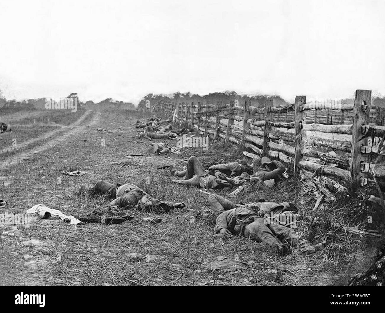 BATTLE OF ANTIETAM 17 September 1862 near Sharpsburg, Maryland. Confederate dead from Starke's Louisiana Brigade on the Hagerstown Turnpike to the right of the fence north of the Dunker Church. Photo: Alexander Gardner Stock Photo