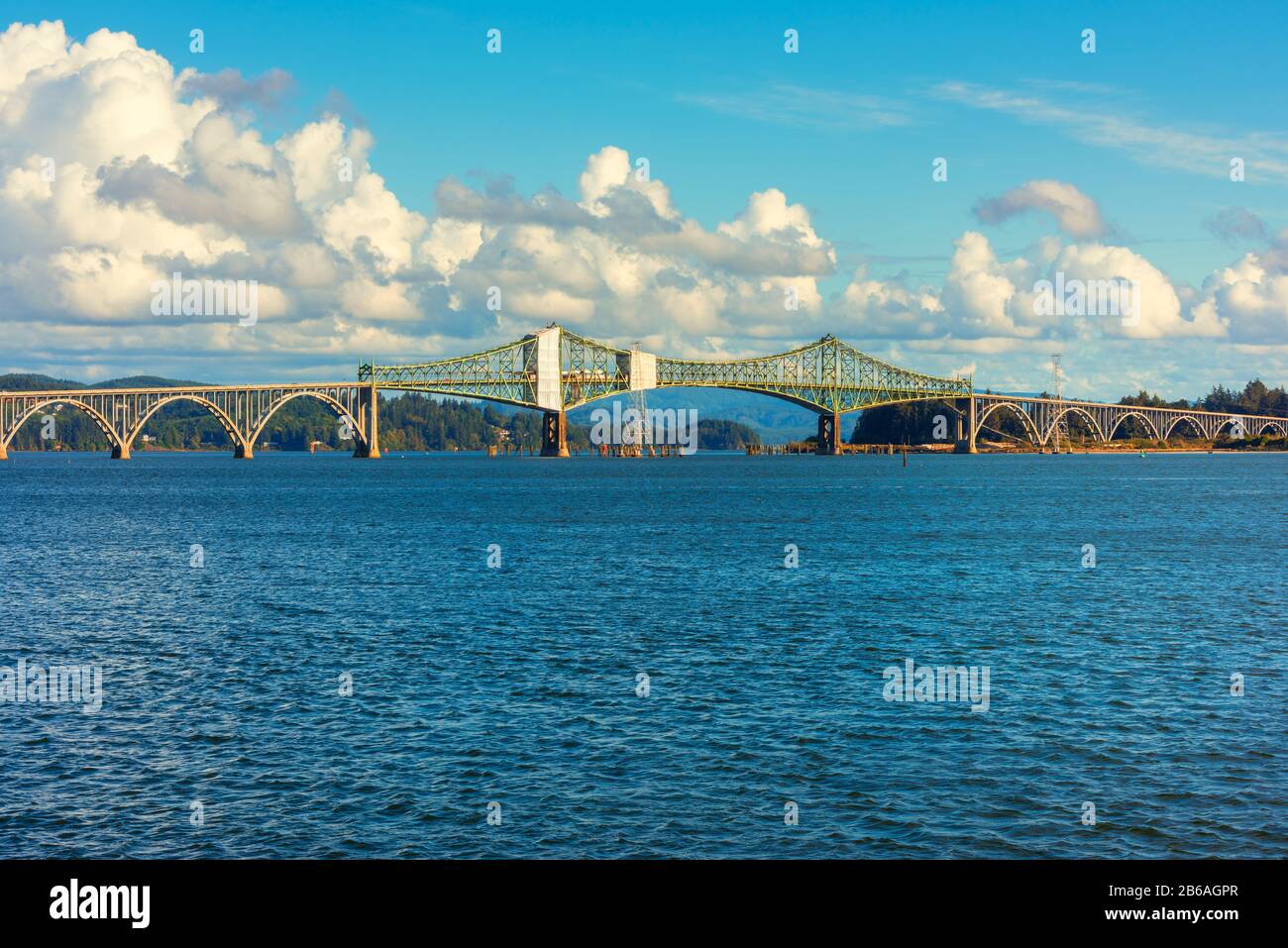 McCullough Memorial Bridge in North Bend, Oregon, USA. The cantilever bridge spans Coos Bay on U.S. Route 101 and was completed in 1936. Stock Photo