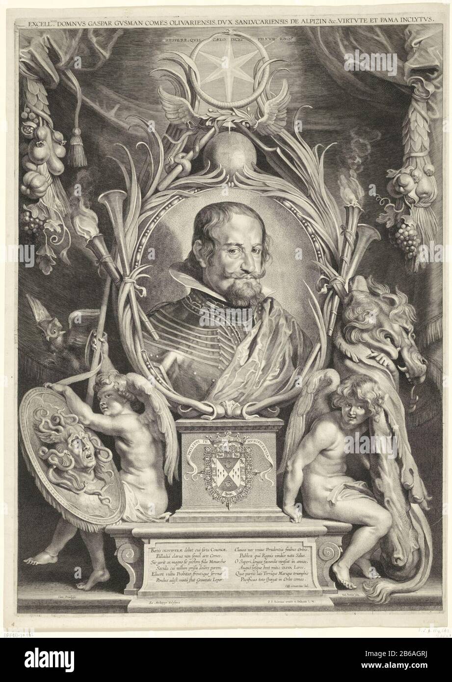 Portrait of Gaspard de Gusman, Count of Olivares and Duke of San Lucar, mounted in a frame that has been awarded the eternity symbol ouroboros (the snake in its tail bites). On the pedestal his arms and twaalfregelig poem, in two columns, in Latin. On each side are angels with the attributes of Minerva (left) and Hercules (right). The picture has an epigraph in Latijn. Manufacturer : printmaker, Paul Pontius (listed building), designed by Peter Paul Rubens (listed building), designed by Diego Rodriguez de Silva y Velázquez (listed property) writer: Casper Gevartius (listed property) provider o Stock Photo