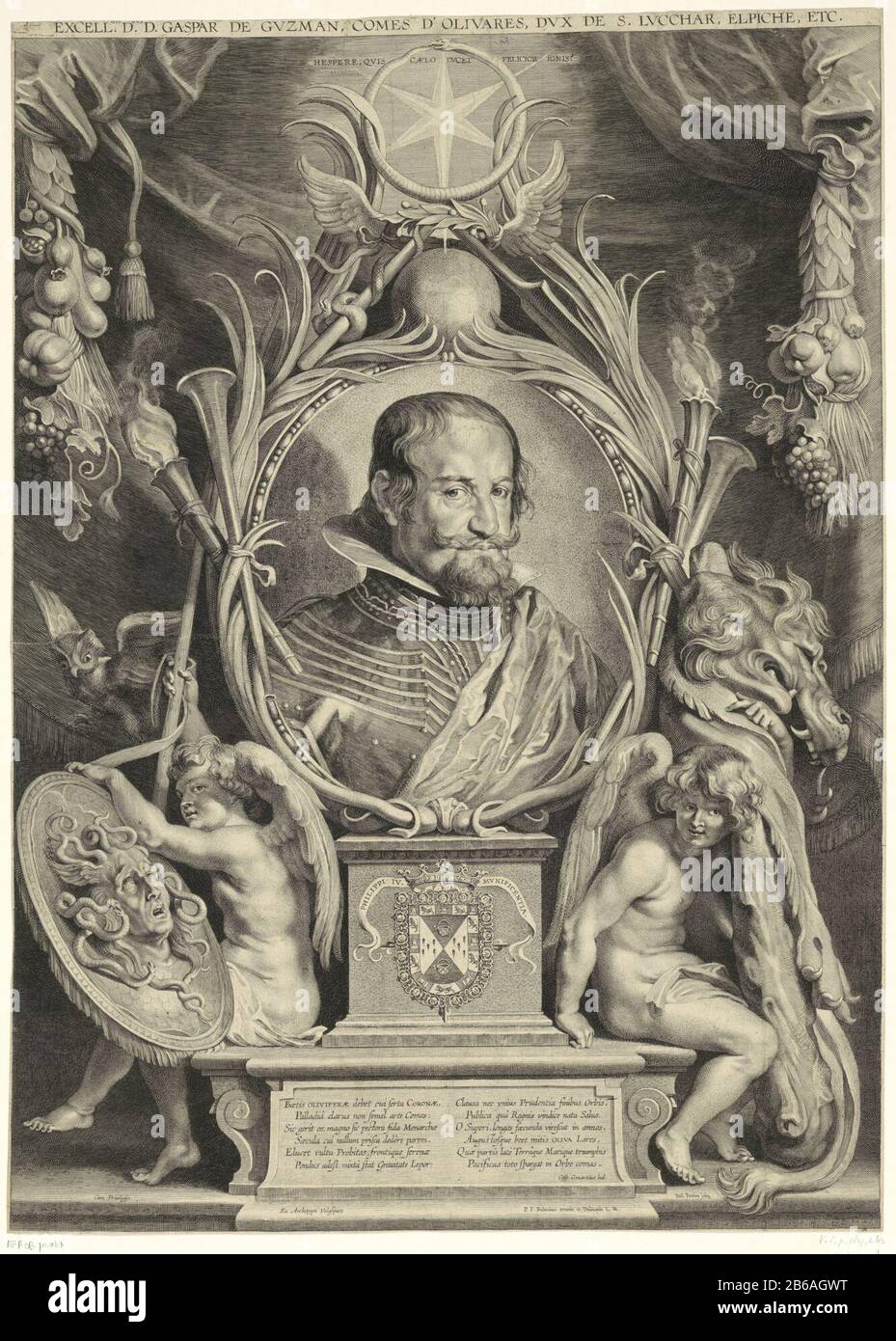 Portrait of Gaspard de Gusman, Count of Olivares and Duke of San Lucar, mounted in a frame that has been awarded the eternity symbol ouroboros (the snake that bites its own tail). On the pedestal his arms and twaalfregelig poem, in two columns, in Latin. On each side are angels with the attributes of Minerva (left) and Hercules (right). The picture has an epigraph in Latijn. Manufacturer : printmaker, Paul Pontius (listed building), designed by Peter Paul Rubens (listed building), designed by Diego Rodriguez de Silva y Velázquez (listed property) writer: Casper Gevartius (listed property) prov Stock Photo