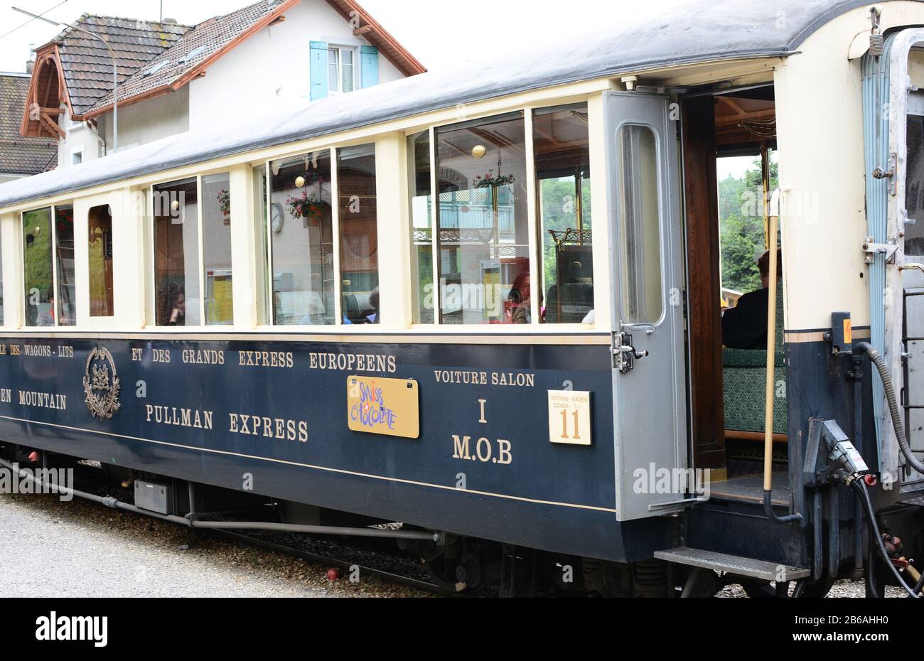 BROC, SWITZERLAND JULY 8, 2014 The Chocolate Train at station. The luxury tourist train