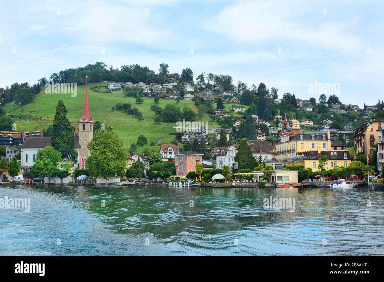 WEGGIS, SWITZERLAND - JULY 4, 2014: The Beau Rivage Hotel. A four star hotle in the town of Weggis on the shores of Lake Lucerne. Stock Photo