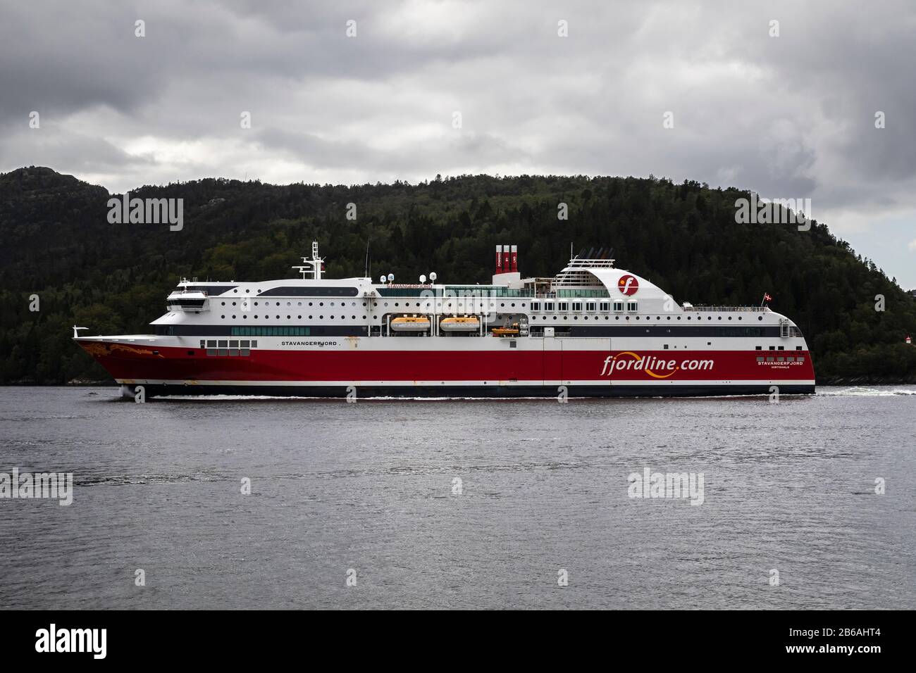 Ro-ro / passenger ship Stavangerfjord arriving near the port of Bergen, Norway. Passing Laksevaag. Stock Photo