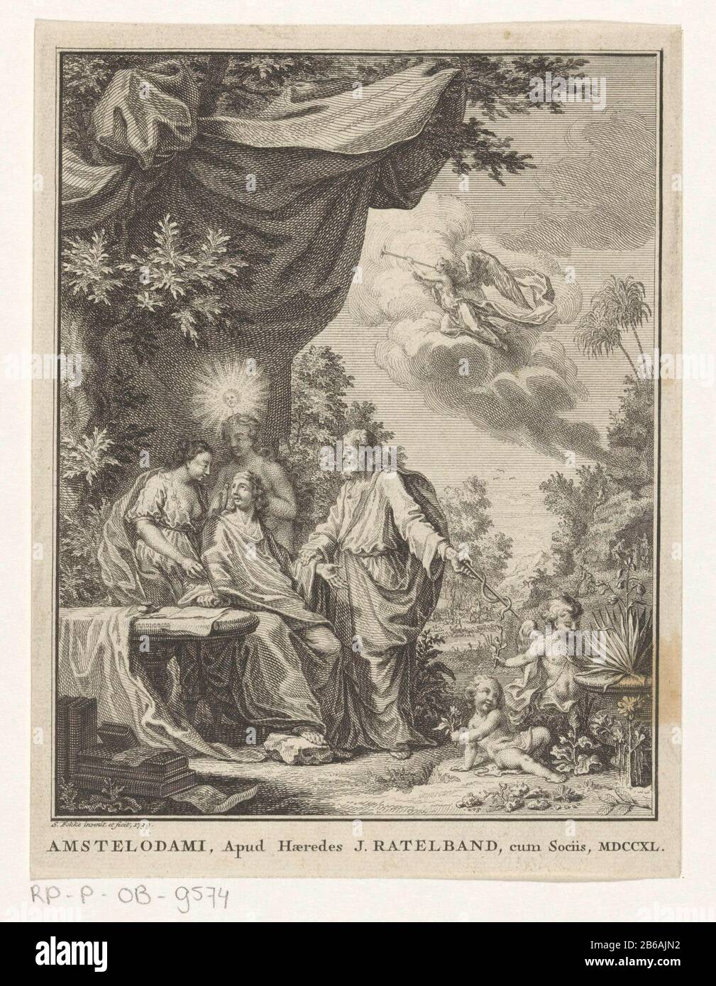 Allegory of Prudence, Faith and Asclepius Title page for David de Gorter, Matters medications, exhibens virium Medicamentorum simplicum, 1740 Caution with mirror, Faith with blazing sun on the head and Asclepius with medico stand around a seated figure. Caution hands him a quill. Right two putti with flowers. In the background people work on the land and Fama blowing a bazuin. Manufacturer : printmaker Simon Fokke (listed building) in its design: Simon Fokke (listed building) publisher: J. inherit Ratelband (listed property) Place Manufacture: Amsterdam Date: 1739 and / or 1740 Material: paper Stock Photo