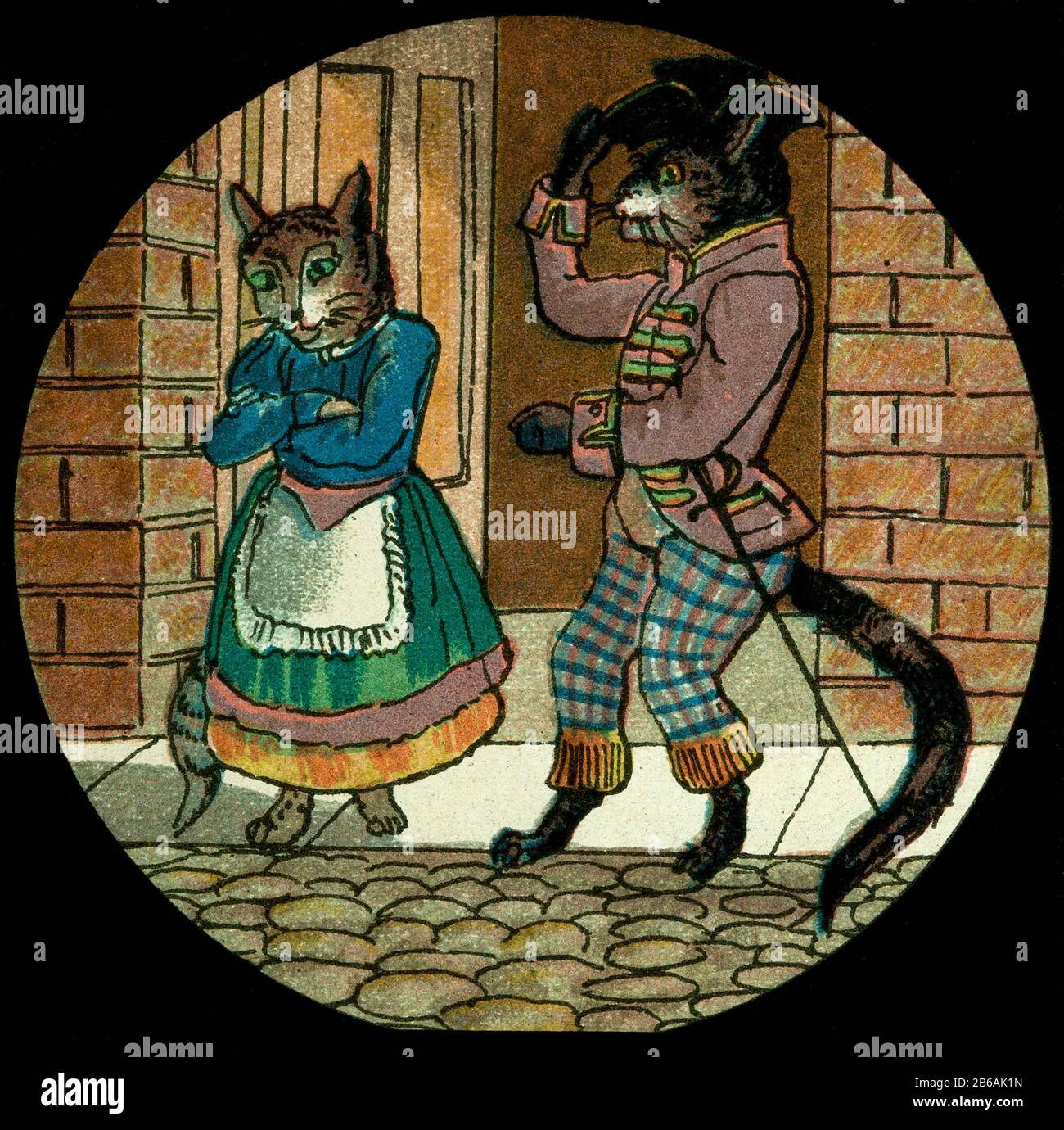 colour illustrations of Magic Lantern Slide circa 1900.  The stories of cat and dog pantomimes, catch a tiger by the tail, crow and Goose animated figures Stock Photo