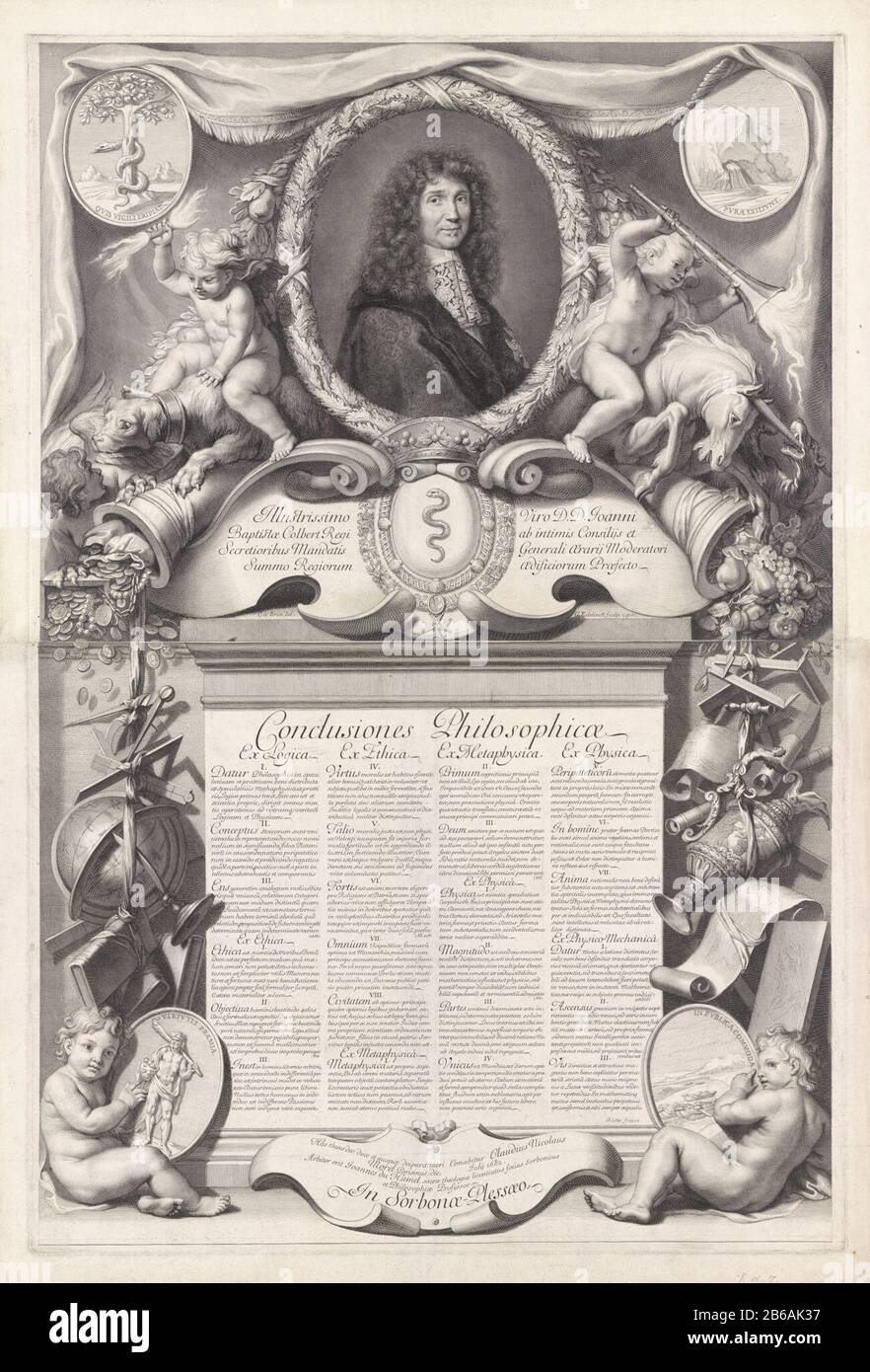With allegorical portrait of Jean-Baptiste Colbert Print in two parts, made for the treaty of philosophical Claude-Nicolas Morel, a seventeenth century theologian at the Sorbonne. Under the portrait of the statesman Jean-Baptiste Colbert are the main points of the thesis genoemd. Manufacturer : printmaker Gerard Edelinck (listed property) to drawing of Charles Le Brun (listed property) to painting: Pierre Mignard (1612- 1695) (listed building) printmaker: Richer (listed property) provider of privilege: Louis XIV (king of France) (listed building) Place manufacture: printmaker Paris to drawing: Stock Photo