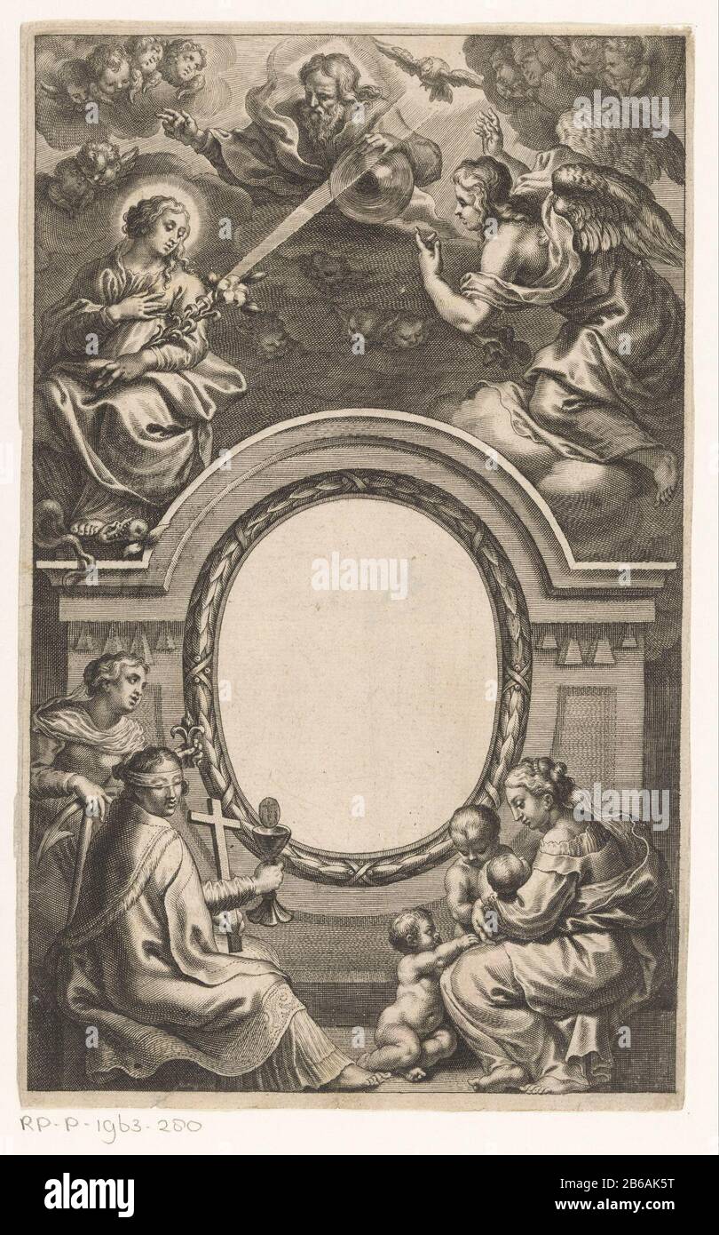 Allegory with divine virtues and Mary RP-P-1963-280 To sit a blank oval  medallion the three theological virtues Faith (with cross and chalice),  Hope (with anchor), and Love (with three children). At the