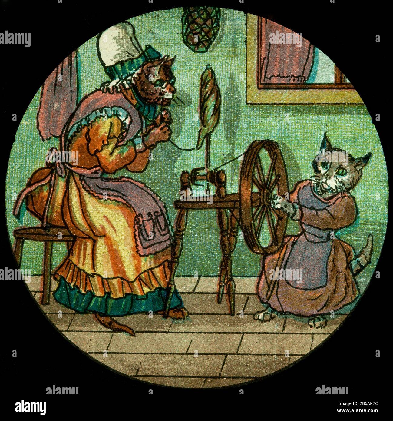 colour illustrations of Magic Lantern Slide circa 1900.  The stories of cat and dog pantomimes, catch a tiger by the tail, crow and Goose animated figures Stock Photo
