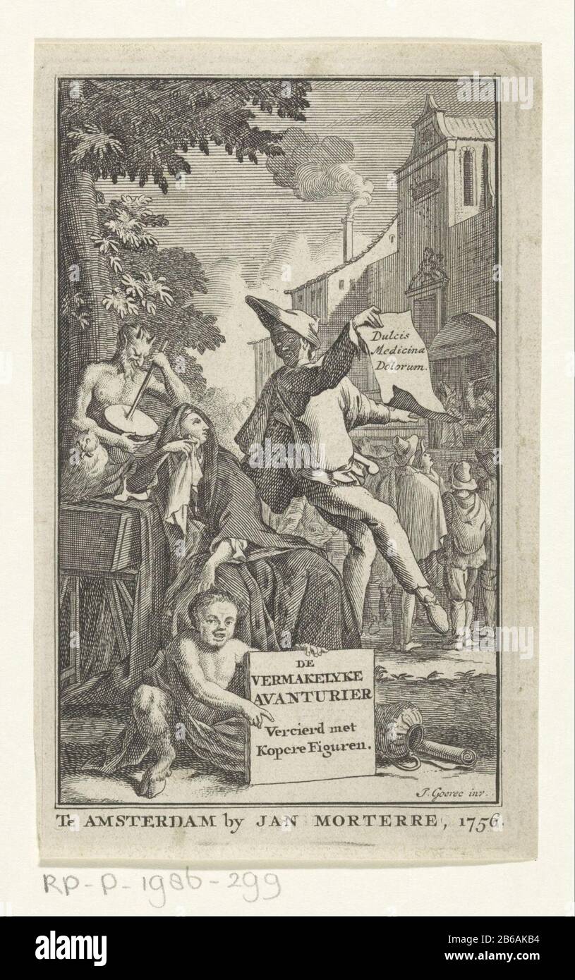 Allegory with grieving wife and dancing Momus Title page for Nicolaas Heinsius, the vermakelyke avanturier, 1756 a woman with sackcloth and handkerchief is leaning on a coffin with owl. Besides her dancing Momus, personification of scorn, a paper with the words Medicina Dolorum Dulcis (sweet medicine for pain). Right watching a group of people to a puppet show. In the foreground is a putto with goat legs of a tablet with the boektitel. Manufacturer : printmaker: anonymous (listed property) designed by Jan Goeree (listed building) publisher: Jan Morterre (listed property) Place manufacture: Ams Stock Photo