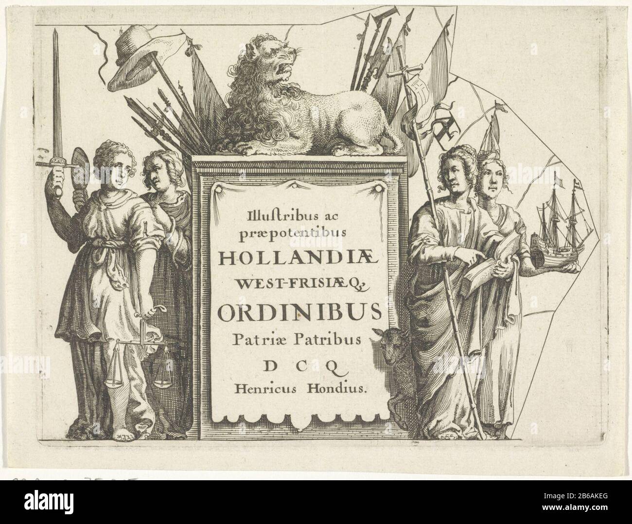 Allegorische voorstelling over the Staten van Holland en West-Friesland outstanding and influential Dutch West-Frisiae Q Ranks country Fathers (op title object) at a monument to the States of Holland and West Friesland, which is awarded by the Dutch Lion are different personifications. Links Justice with scales and heavy: d and Caution with mirror and hose. Right Faith with cross with banner, Bible and lamb. Next to her is Hope with a ship on the head and a ship in the hand. Manufacturer : printmaker: anonymous publisher: Hendrick Hondius (I) (listed building) Place manufacture: Netherlands Da Stock Photo
