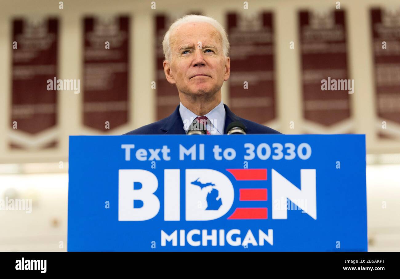 Detroit, Michigan, USA. 09th Mar, 2020. Vice President JOE BIDEN speaks during a Get Out the Vote Rally at Renaissance High School. The Michigan primary and those in five other states will be contested tomorrow, March 10. Credit: Brian Cahn/ZUMA Wire/Alamy Live News Stock Photo